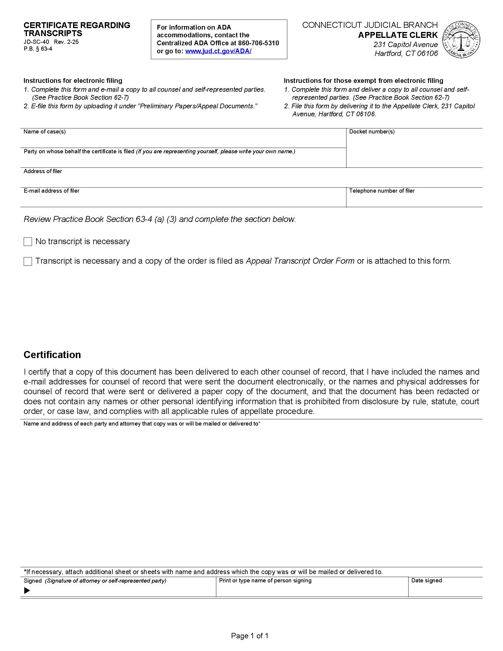 Certificate Regarding Transcripts {JD-SC-40} | Pdf Fpdf Docx | Connecticut