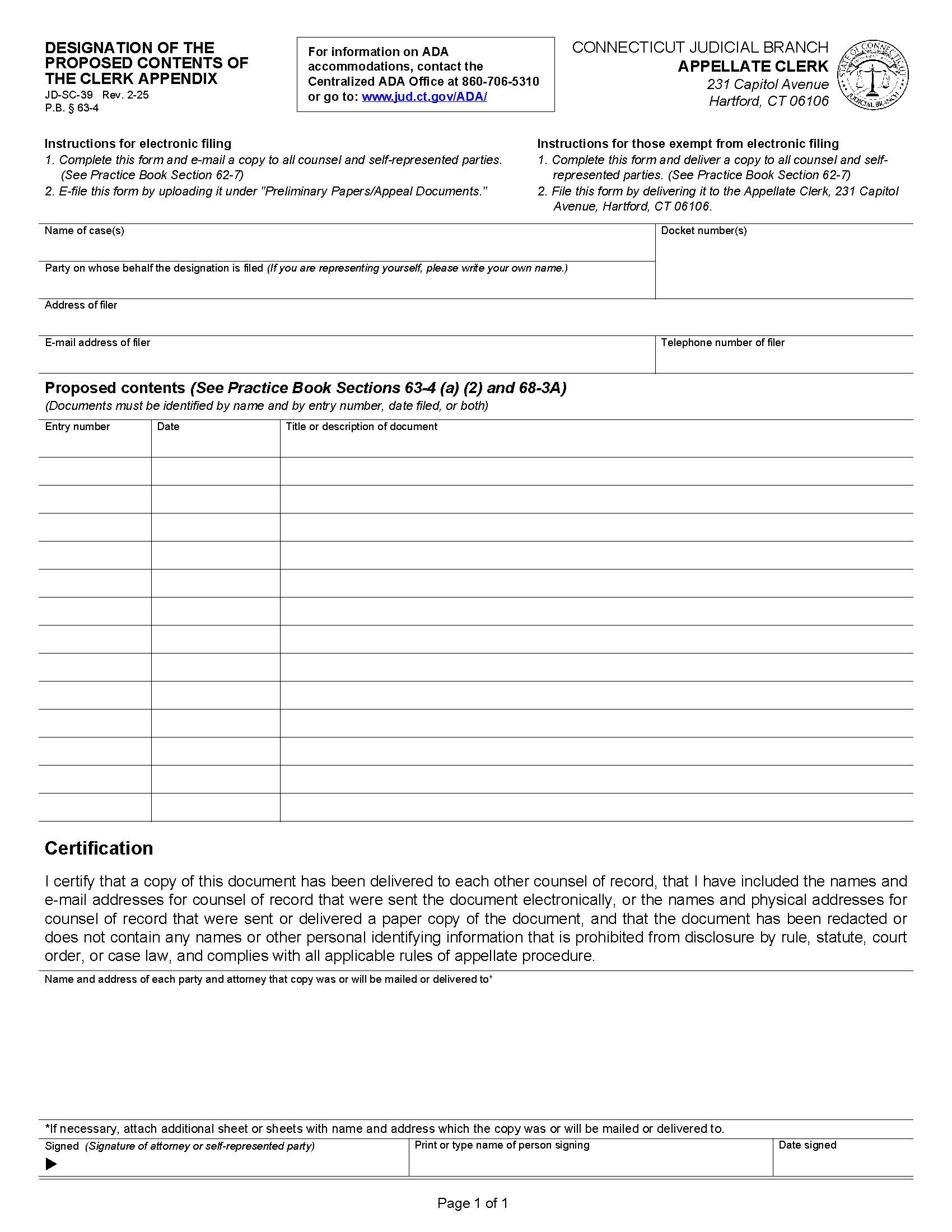 Designation Of The Proposed Contents Of The Clerk Appendix {JD-SC-39} | Pdf Fpdf Docx | Connecticut