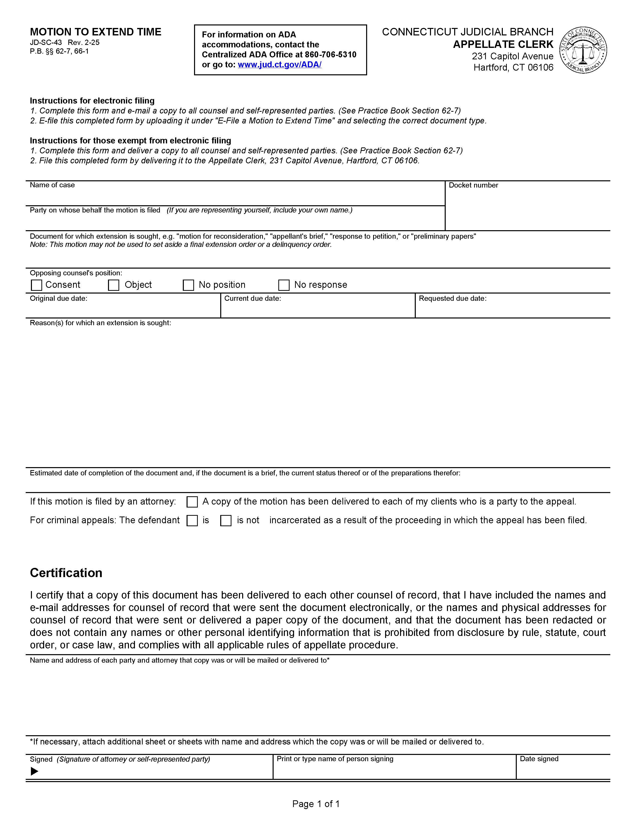 Motion To Extend Time {JD-SC-43} | Pdf Fpdf Docx | Connecticut