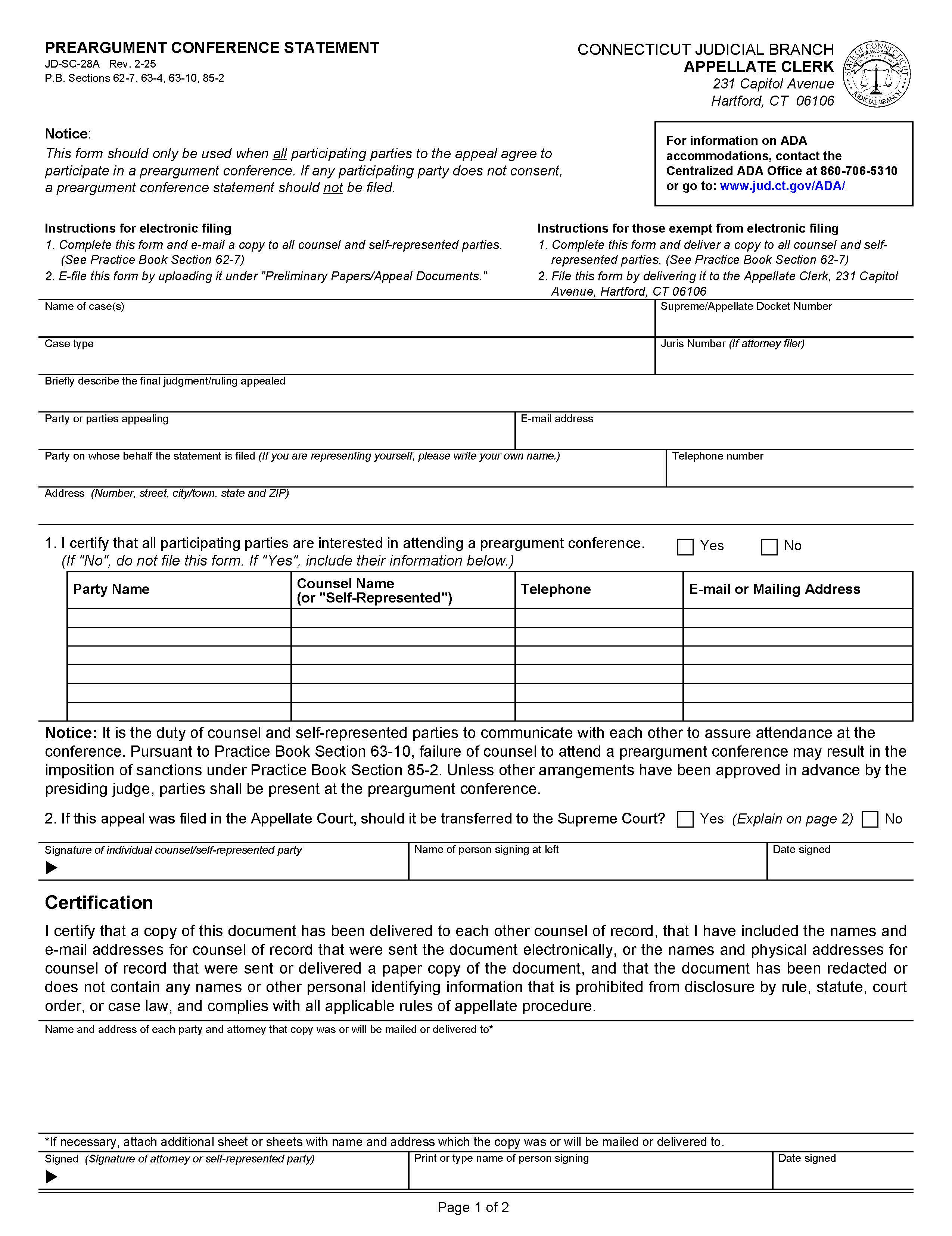Preargument Conference Statement {JD-SC-028A} | Pdf Fpdf Docx | Connecticut