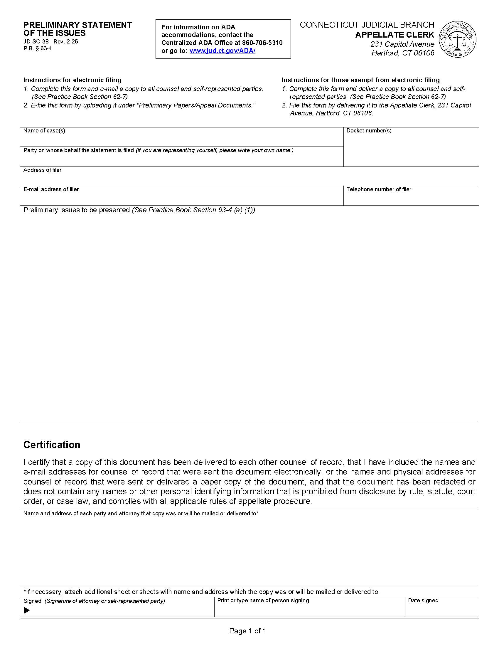 Preliminary Statement Of The Issues {JD-SC-38} | Pdf Fpdf Docx | Connecticut