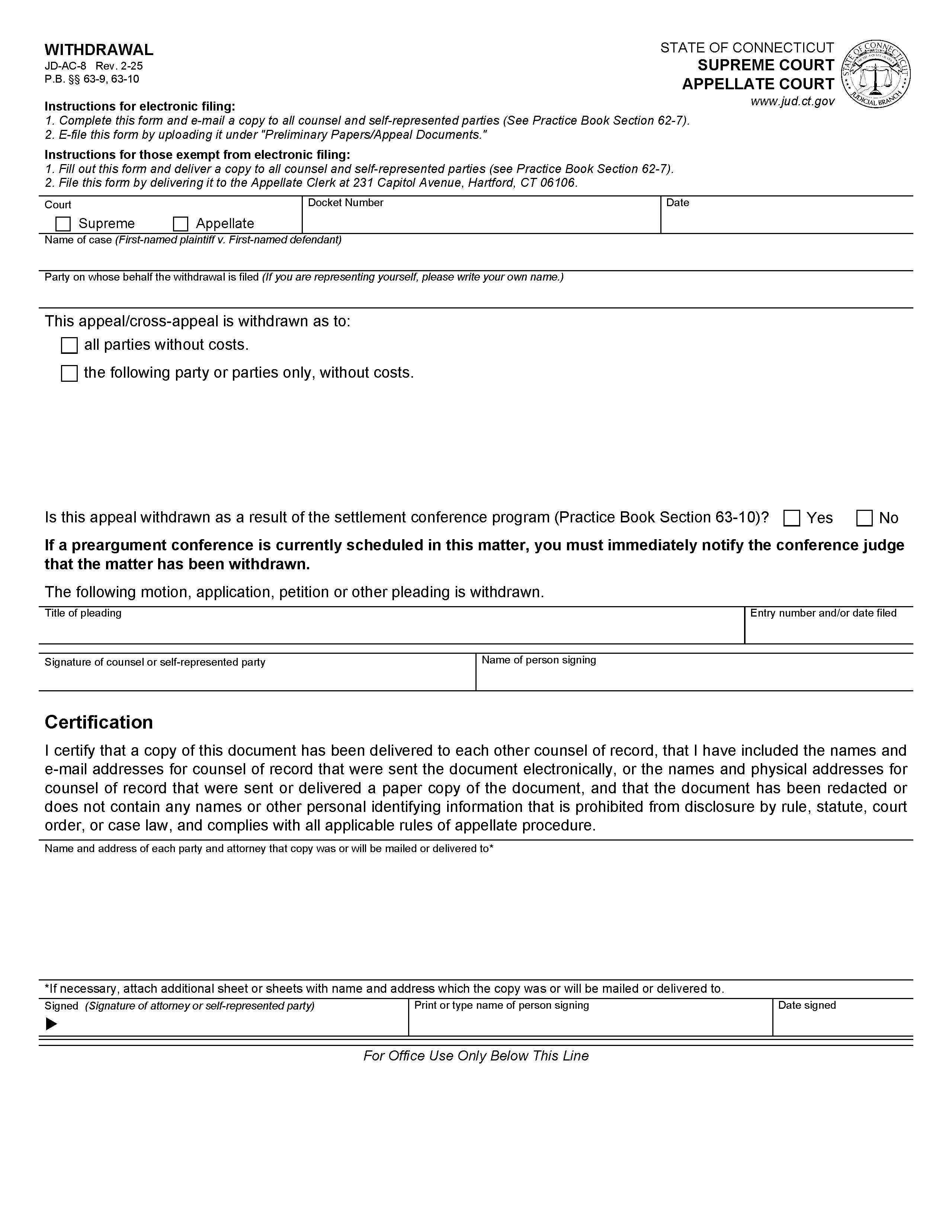 Withdrawal {JD-AC-8} | Pdf Fpdf Docx | Connecticut