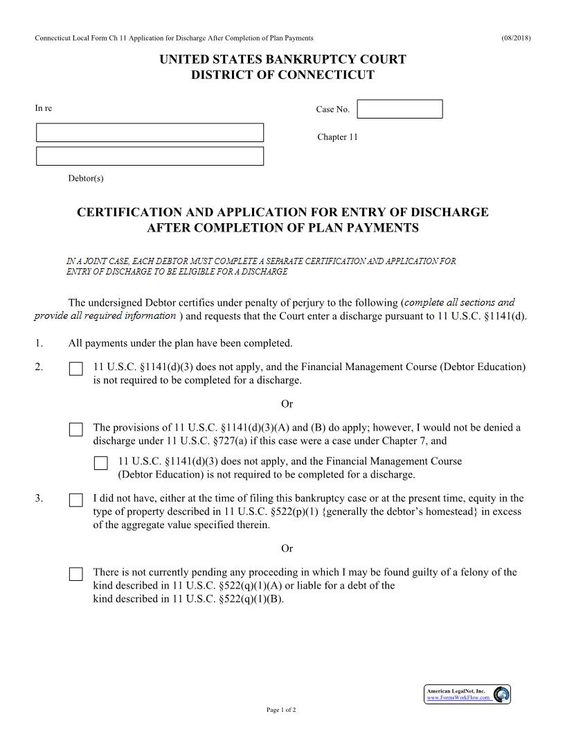Application For Discharge After Completion Of Plan Payments (Chapter 11) | Pdf Fpdf Docx | Connecticut