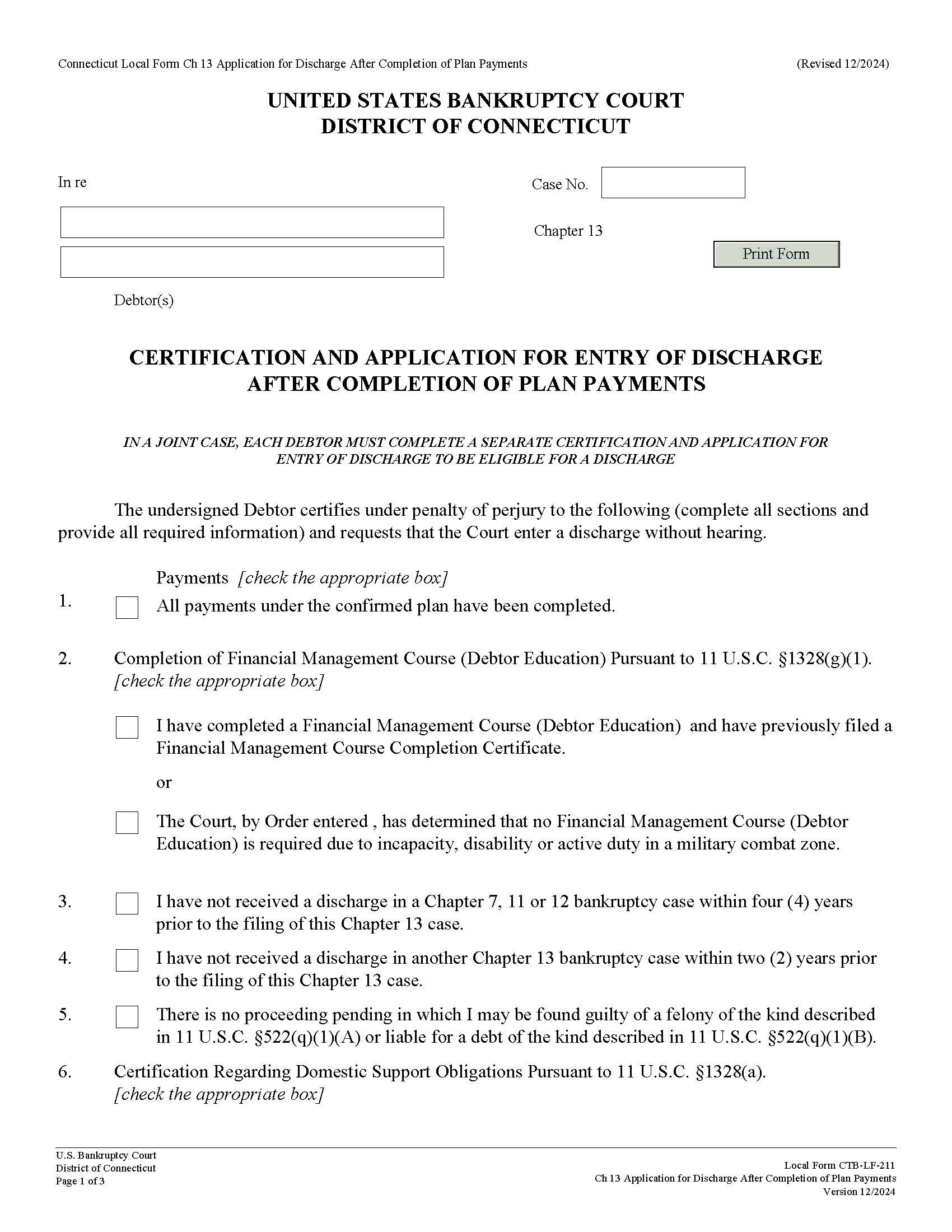 Application For Discharge After Completion Of Plan Payments Chapter 13 | Pdf Fpdf Docx | Connecticut