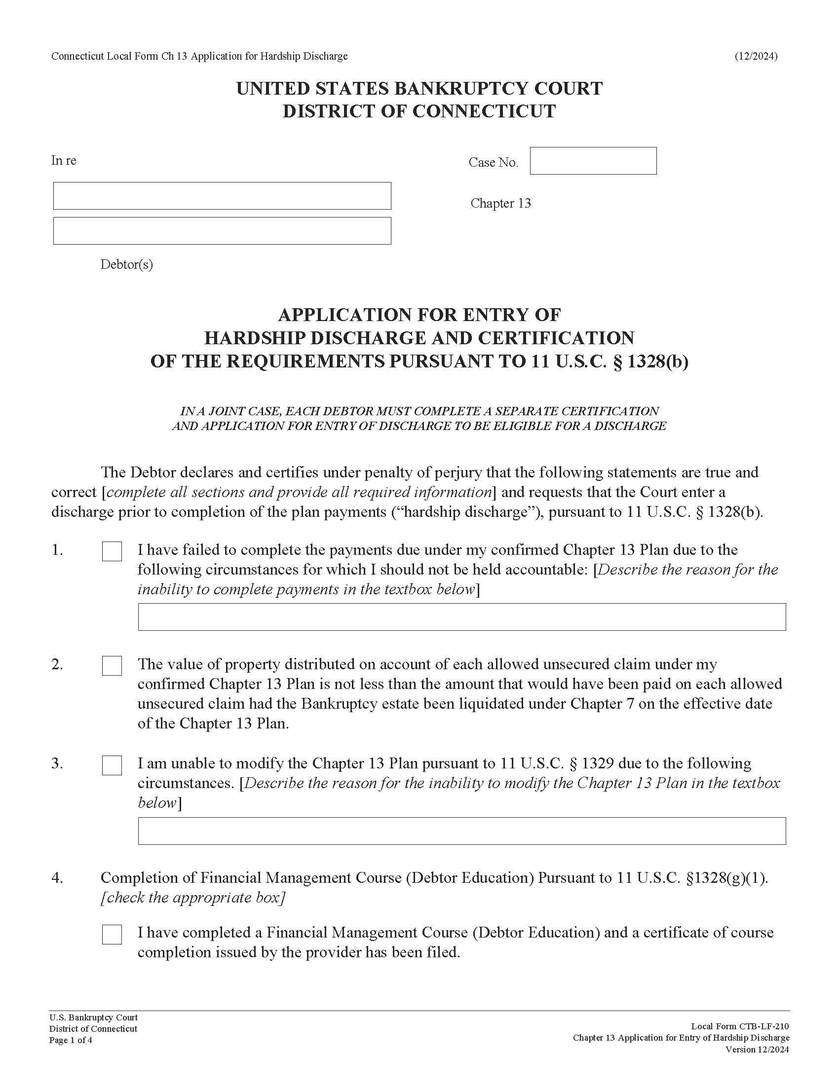 Application For Hardship Discharge Chapter 13 | Pdf Fpdf Docx | Connecticut