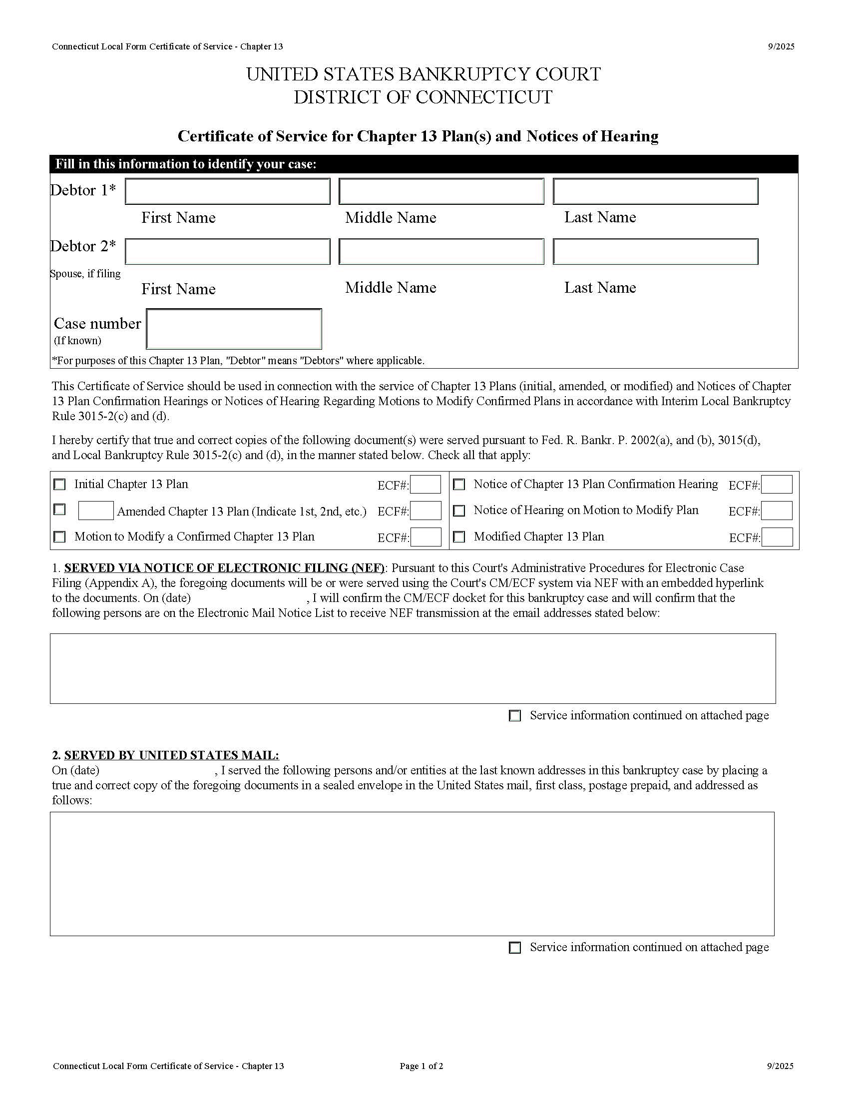 Certificate Of Service For Chapter 13 Plan(s) And Notice Of Hearing | Pdf Fpdf Docx | Connecticut