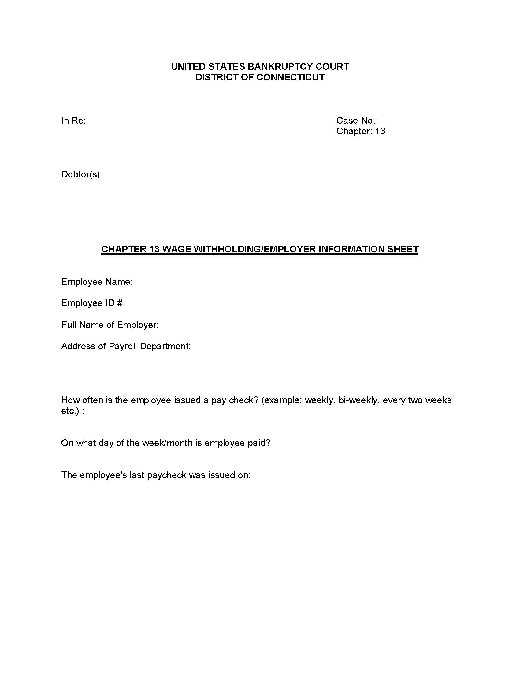 Chapter 13 Wage Withholding Employer Information Sheet | Pdf Fpdf Docx | Connecticut