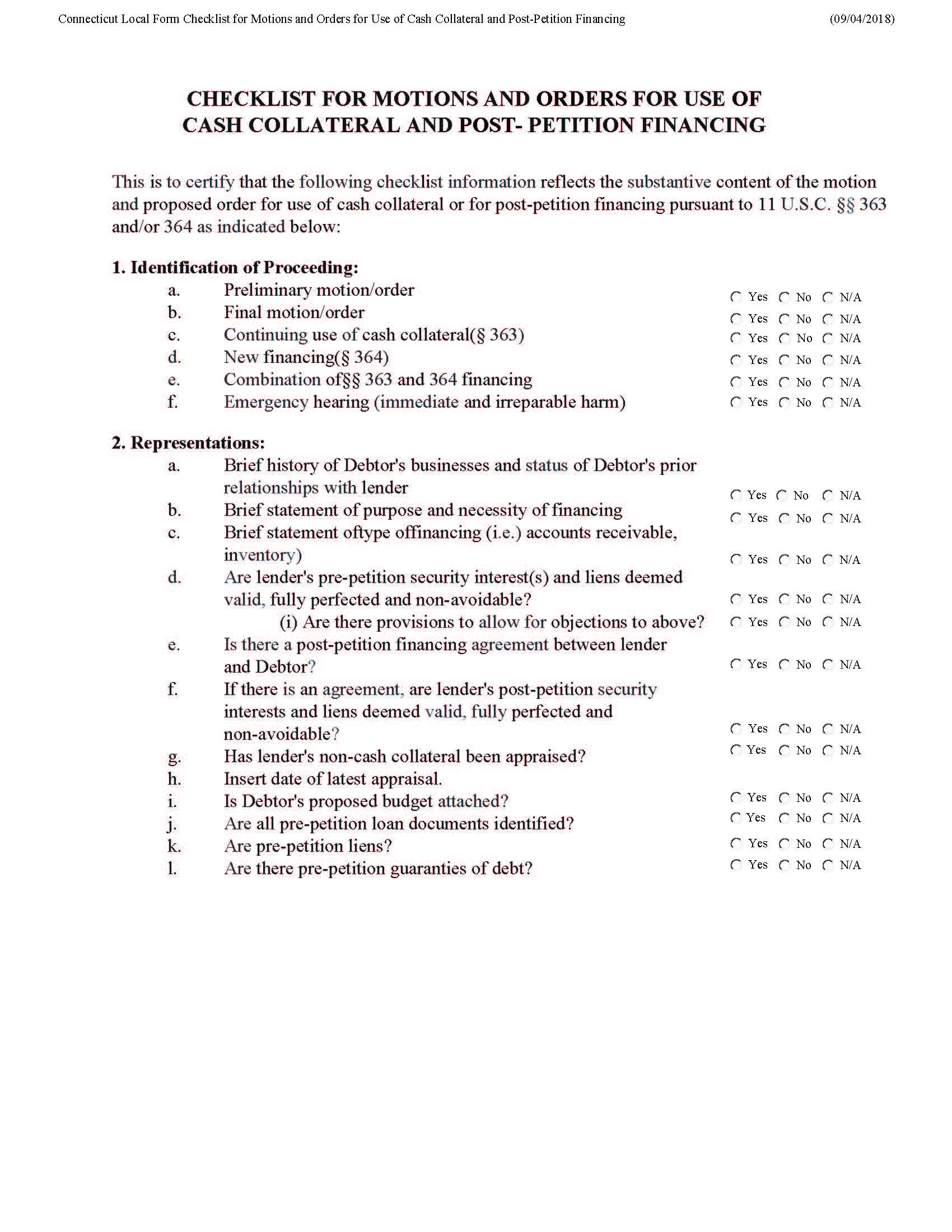 Checklist For Cash Collateral | Pdf Fpdf Docx | Connecticut