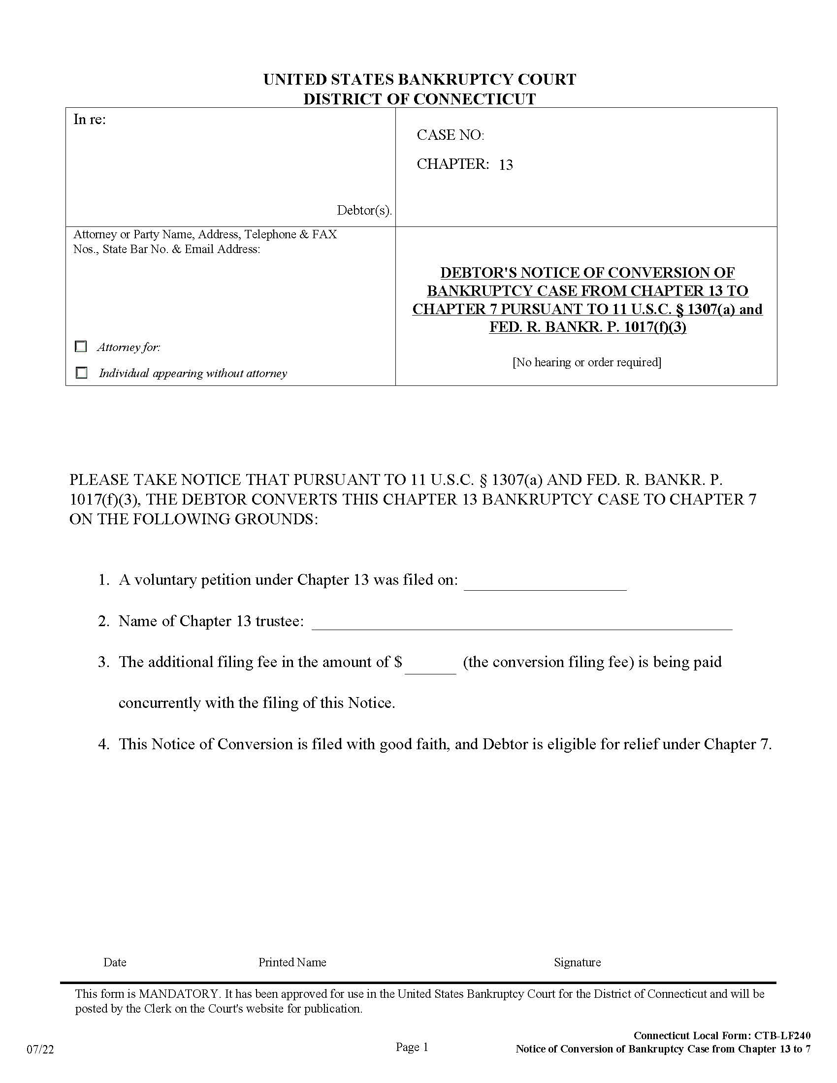 Debtors Notice Of Conversion From Chapter 13 To Chapter 7 {CTB-LF240} | Pdf Fpdf Docx | Connecticut