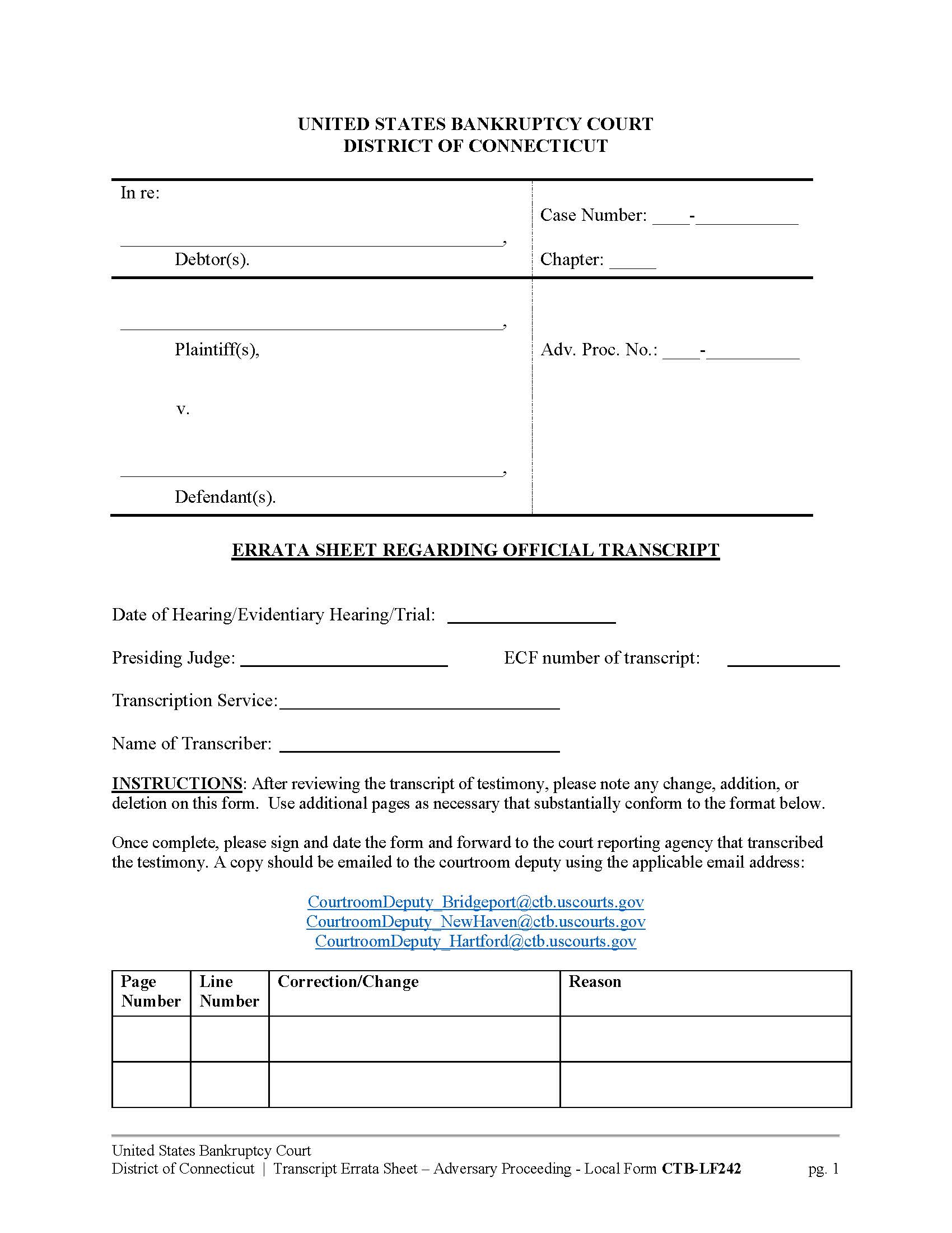 Errata Sheet Regarding Official Transcript (Adversary) {CTB-LF242} | Pdf Fpdf Docx | Connecticut