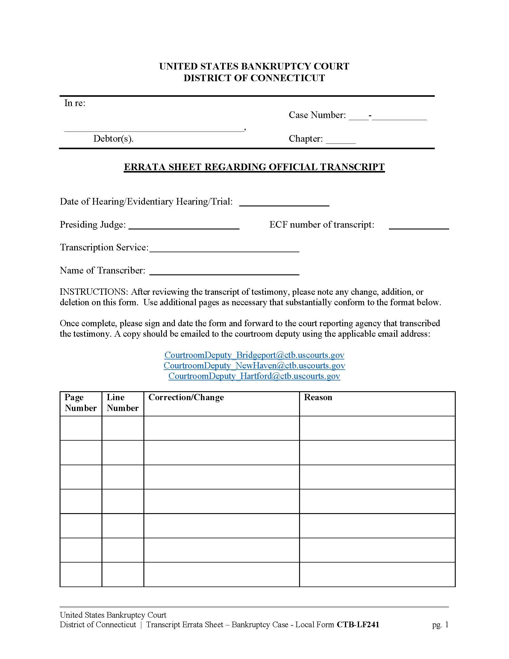Errata Sheet Regarding Official Transcript (Bankruptcy) {CTB-LF241} | Pdf Fpdf Docx | Connecticut