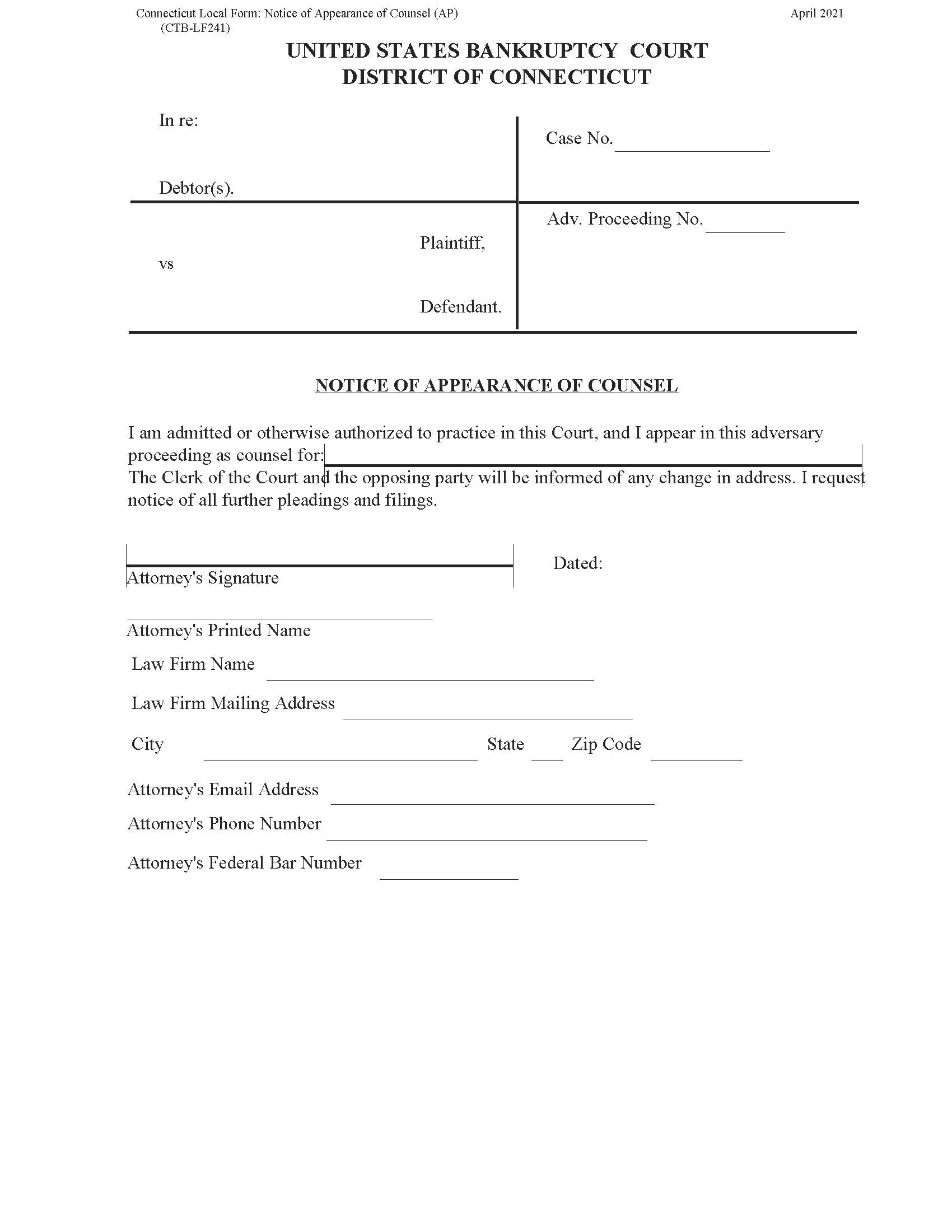 Notice Of Appearance Of Counsel (Adversary) {CTB-LF241} | Pdf Fpdf Docx | Connecticut