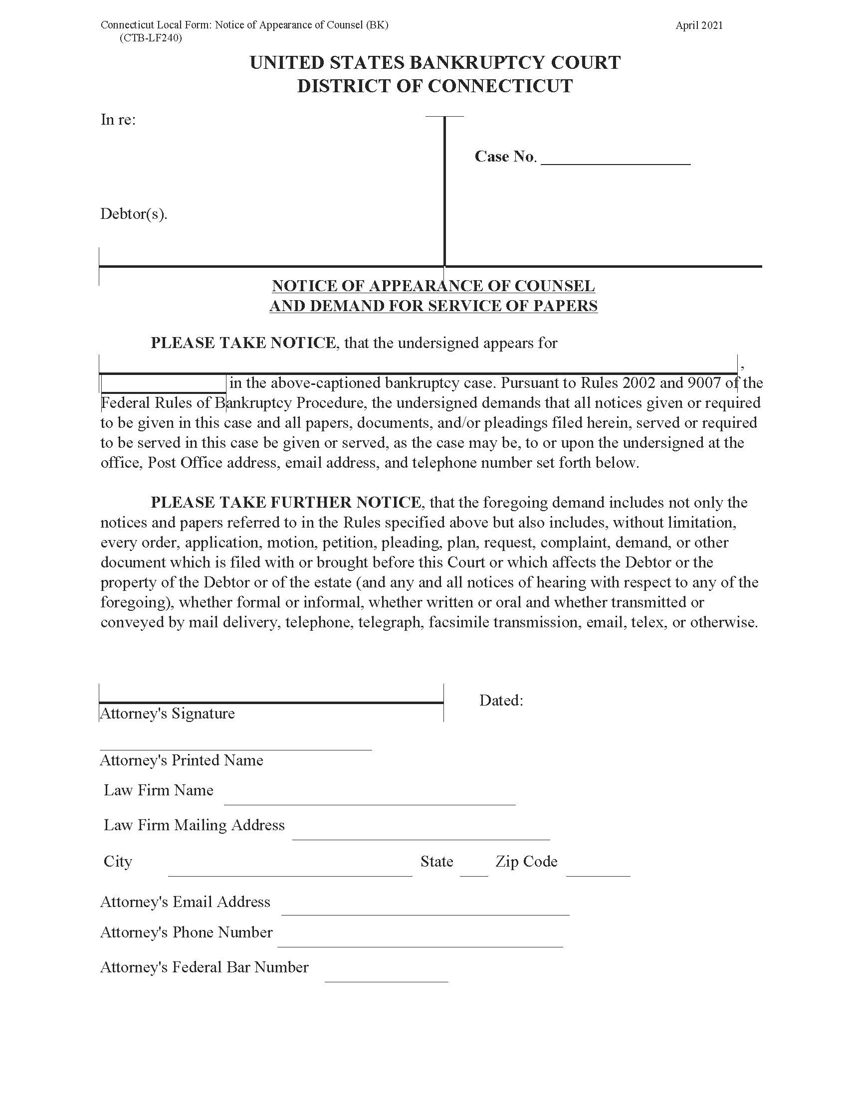 Notice Of Appearance Of Counsel (Bankruptcy) {CTB-LF240} | Pdf Fpdf Docx | Connecticut