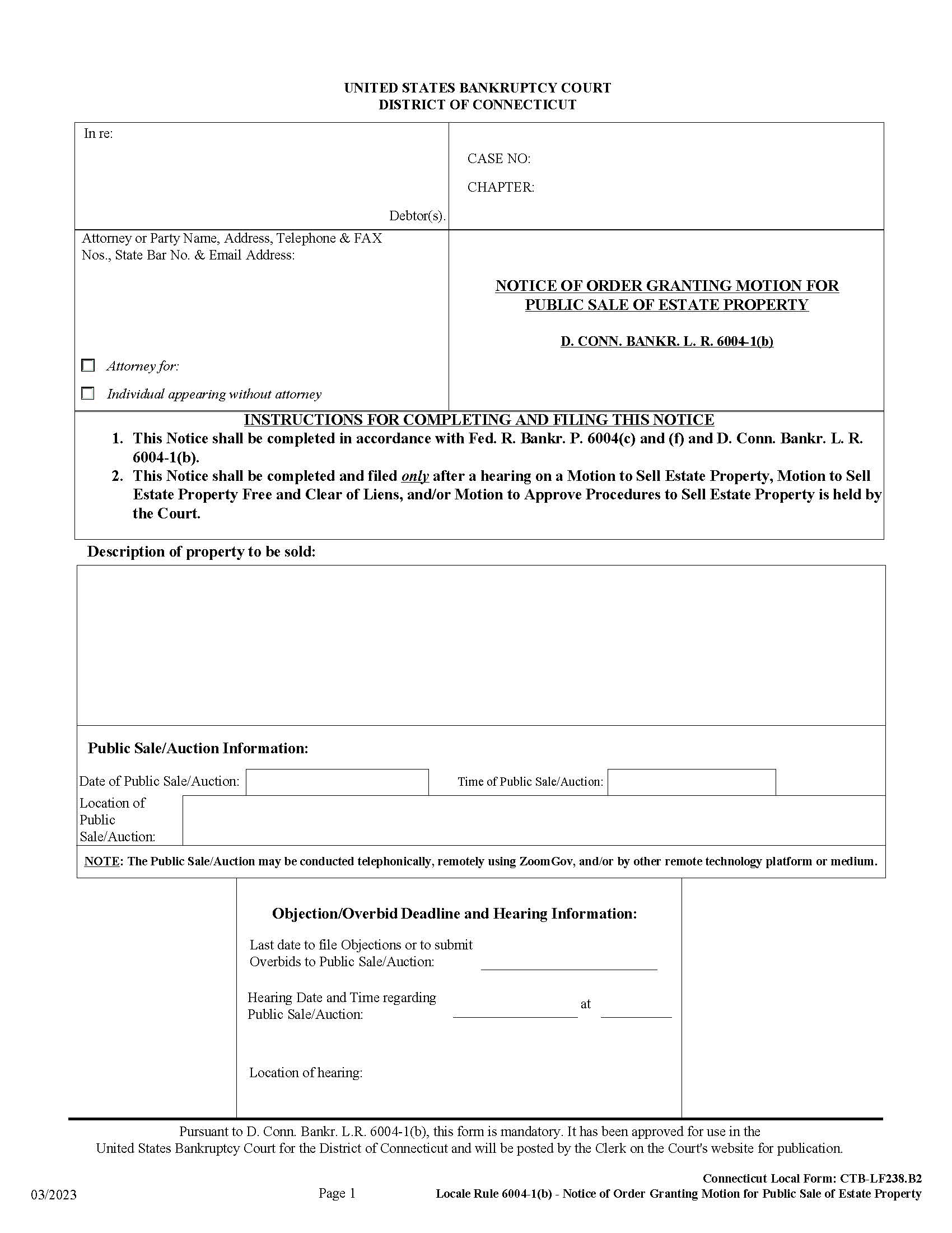 Notice Of Order Granting Motion For Public Sale Of Estate Property {CTB-LF238.B2} | Pdf Fpdf Docx | Connecticut
