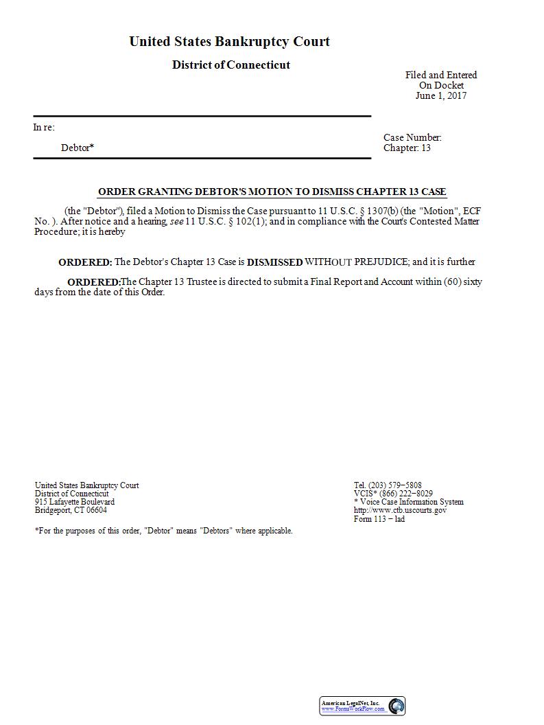 Order Granting Debtors Motion To Dismiss Chapter 13 Case | Pdf Fpdf Docx | Connecticut