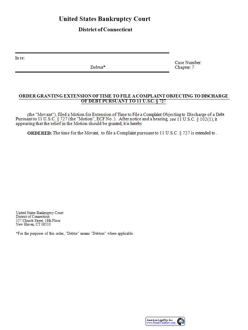 Order Granting Extension Of TIme To File A Complaint Objecting To Discharge | Pdf Fpdf Docx | Connecticut