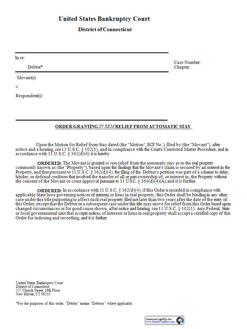 Order Granting In Rem Relief From Automatic Stay | Pdf Fpdf Docx | Connecticut