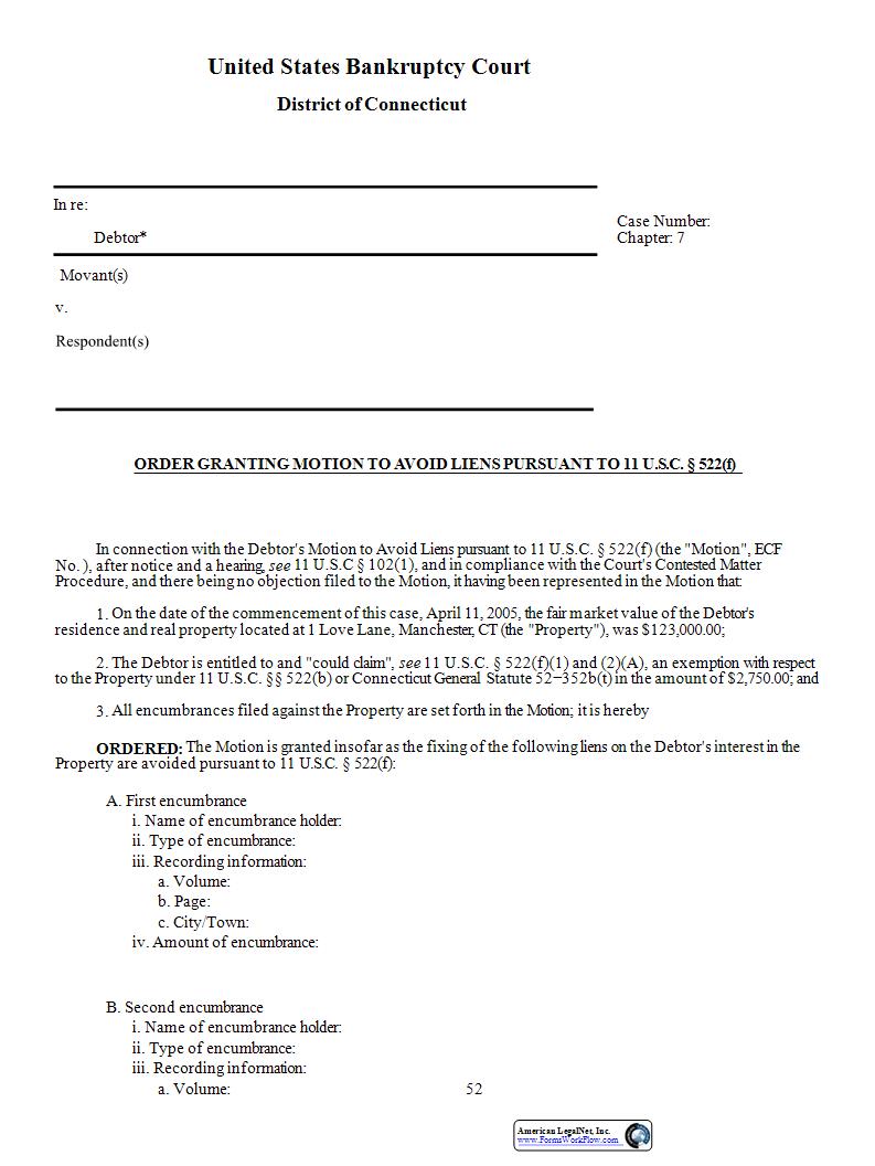 Order Granting Motion To Avoid Liens  | Pdf Fpdf Docx | Connecticut