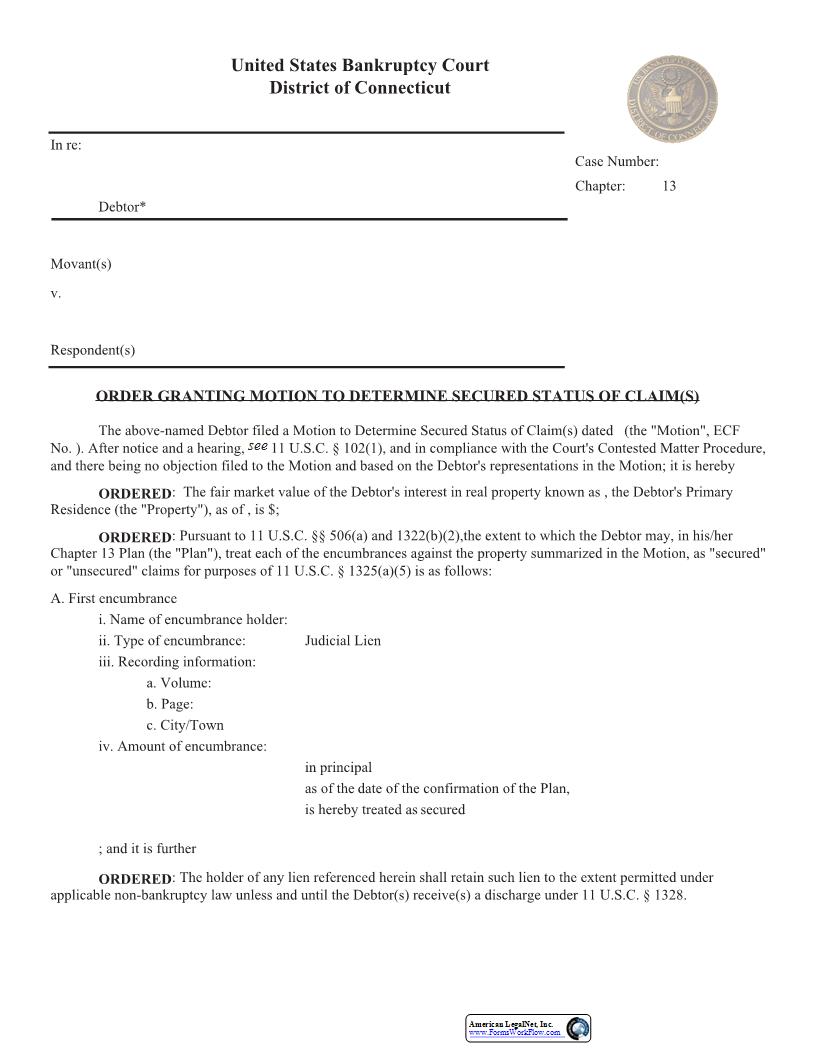 Order Granting Motion To Determine Secured Status Of Claim | Pdf Fpdf Docx | Connecticut