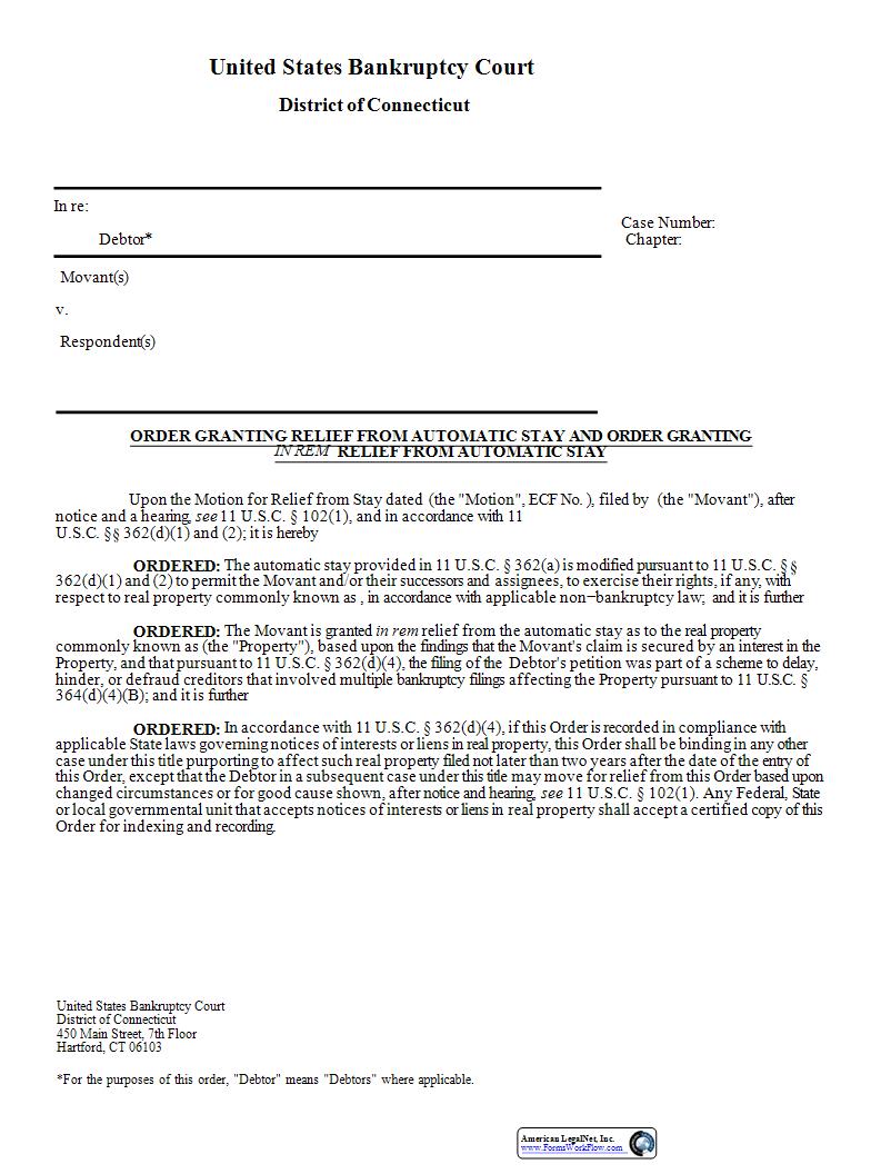 Order Granting Relief From Automatic Stay And In Rem Relief | Pdf Fpdf Docx | Connecticut