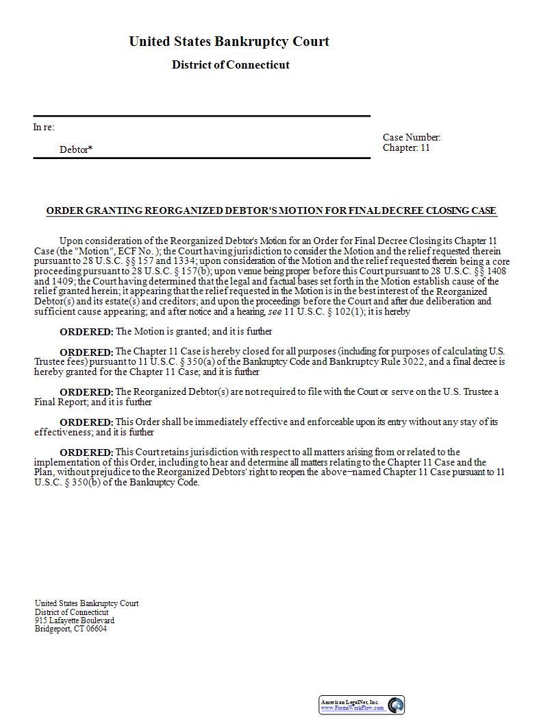Order Granting Reorganized Debtors Motion For Final Decree Closing Case | Pdf Fpdf Docx | Connecticut