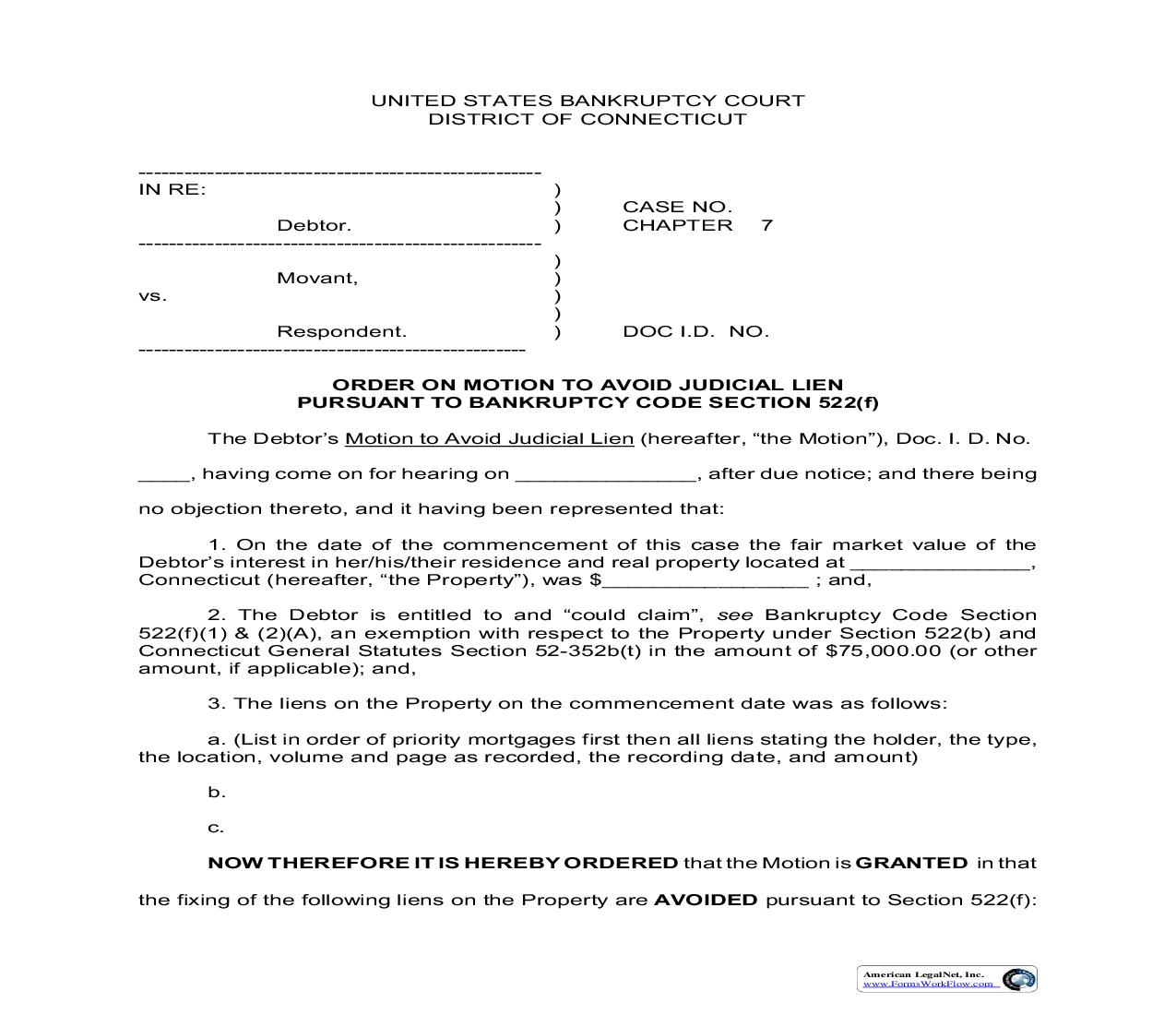 Order On Motion To Avoid Judicial Lien Pursuant To Bankruptcy Code Section | Pdf Fpdf Doc Docx | Connecticut