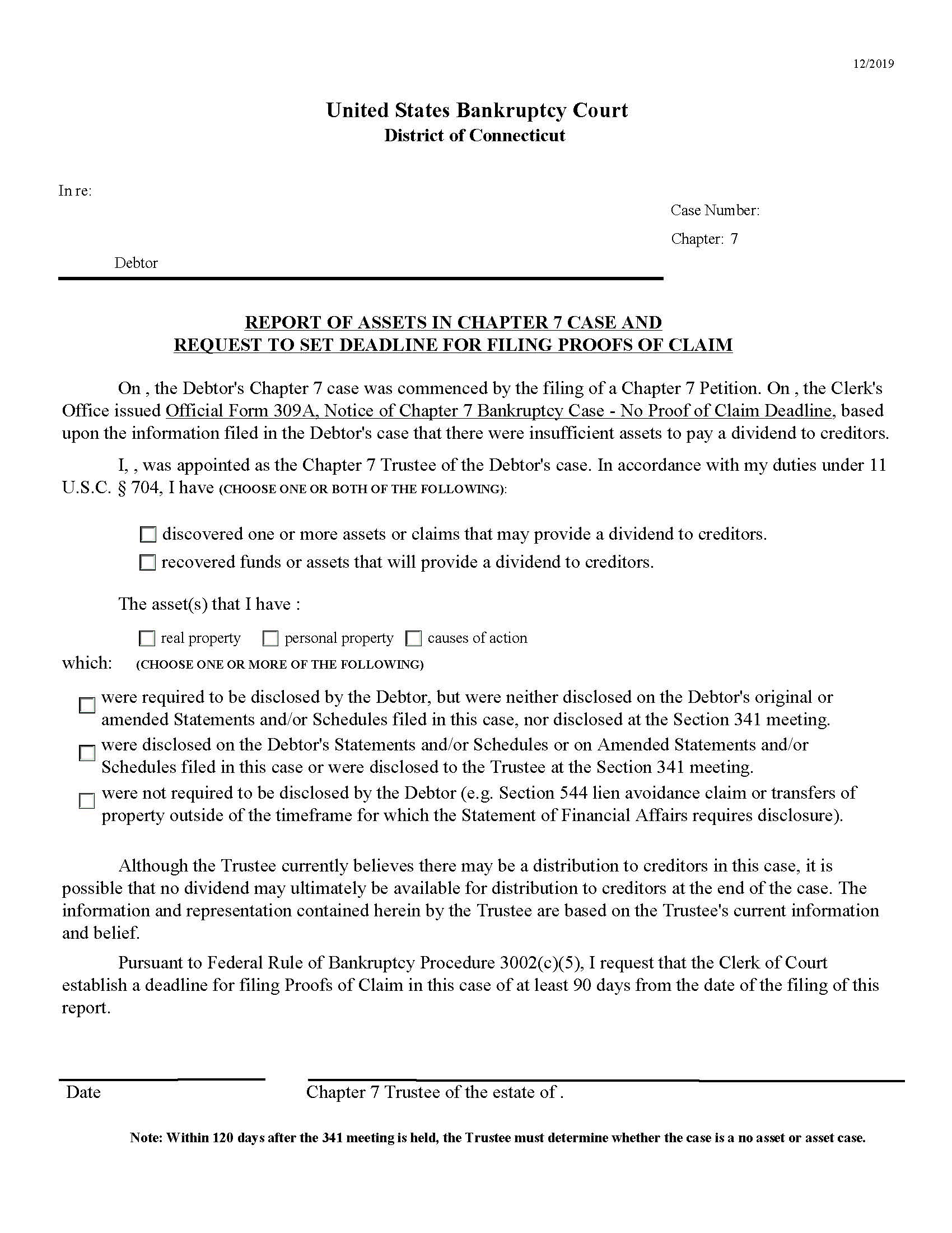 Report Of Assets in Chapter 7 Case And Request To Set Proof Of Claim Deadline | Pdf Fpdf Docx | Connecticut