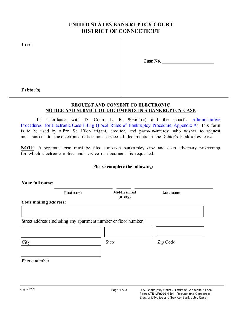 Request And Consent To Electronic Notice And Service Of Documents In A Bankruptcy Case | Pdf Fpdf Docx | Connecticut