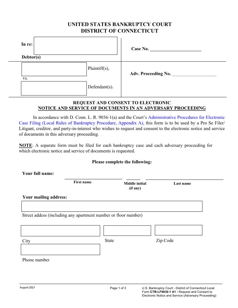 Request And Consent To Electronic Notice And Service Of Documents In An Adversary Proceeding | Pdf Fpdf Docx | Connecticut