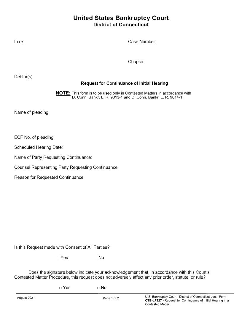 Request For Continuance Of Initial Hearing (Contested Matters) | Pdf Fpdf Docx | Connecticut