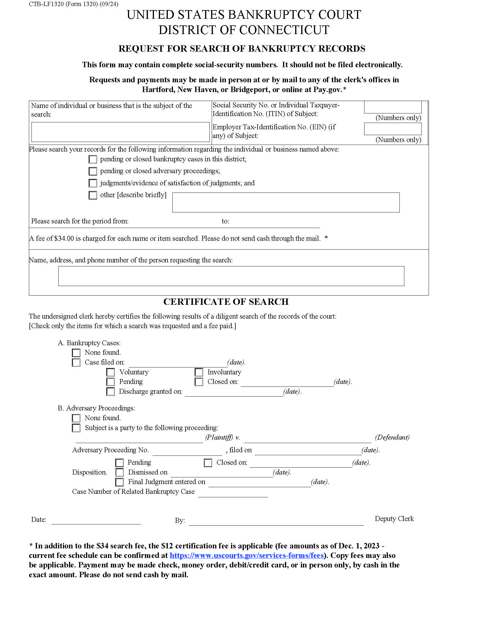 Request For Search Of Bankruptcy Records {CTB-LF 1320} | Pdf Fpdf Docx | Connecticut