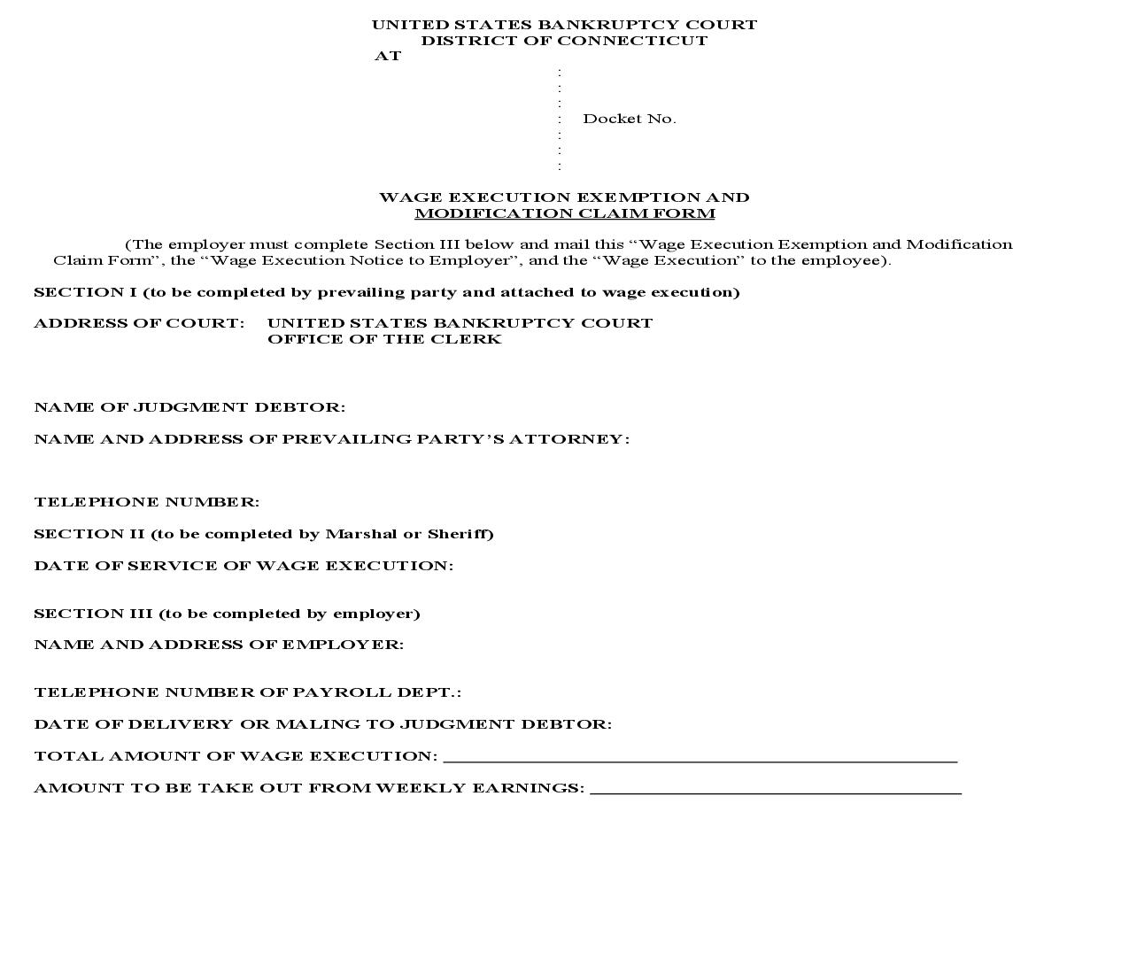 Wage Execution Exemption And Modification Claim Form | Pdf Fpdf Doc Docx | Connecticut