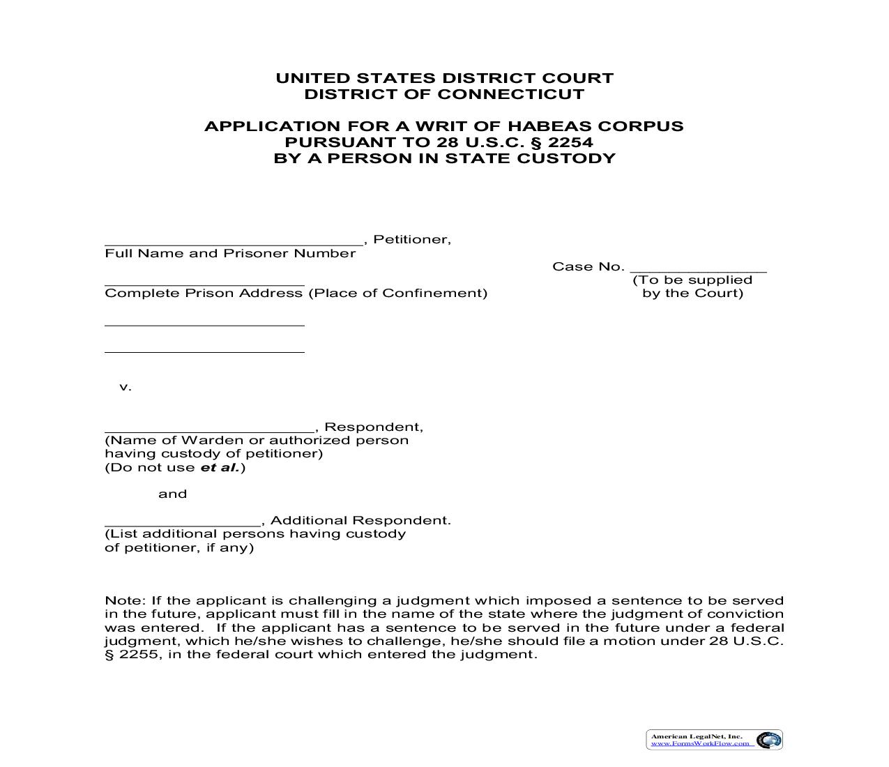 Application For A Writ Of Habeas Corpus Pursuant To | Pdf Fpdf Doc Docx | Connecticut