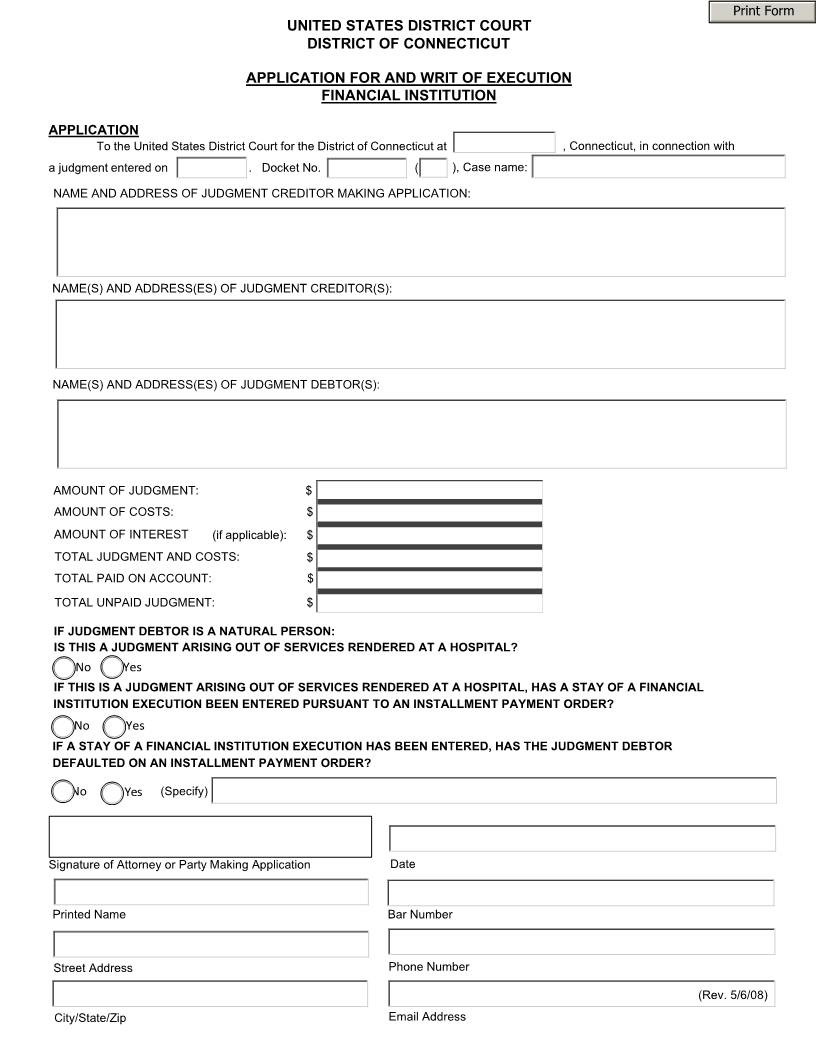 Application For And Writ Of Execution Financial Institution | Pdf Fpdf Doc Docx | Connecticut