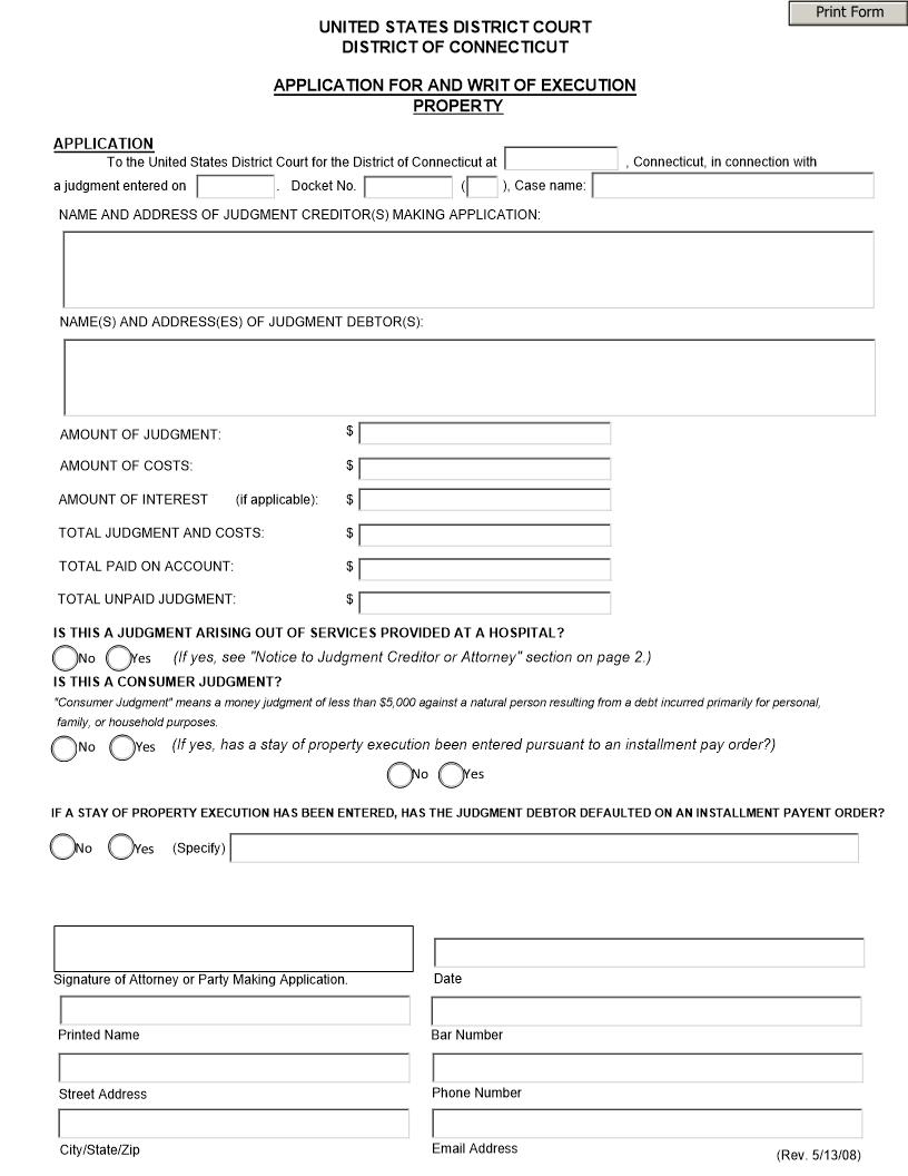 Application For And Writ Of Execution Property | Pdf Fpdf Doc Docx | Connecticut