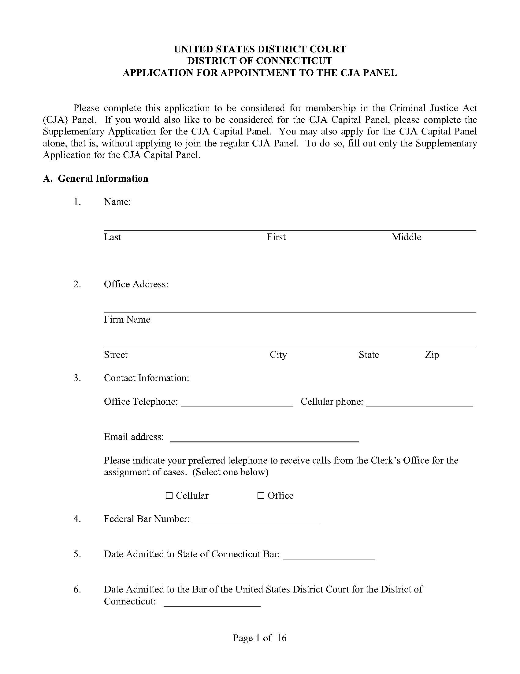 Application For Appointment To CJA Panel | Pdf Fpdf Doc Docx | Connecticut