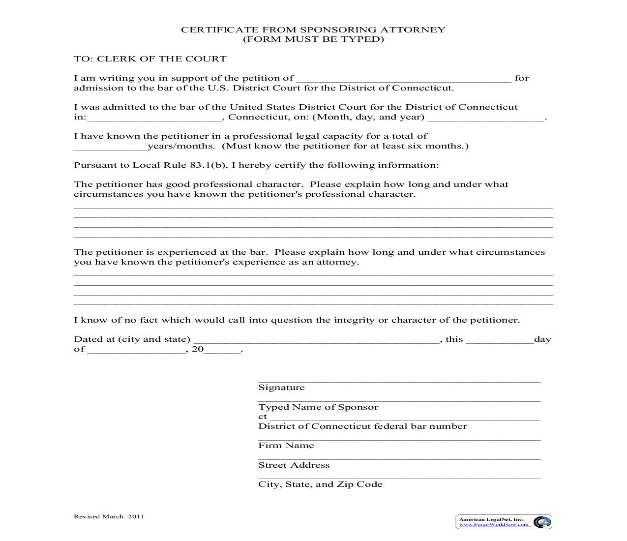 Certificate From Sponsoring Attorney | Pdf Fpdf Doc Docx | Connecticut