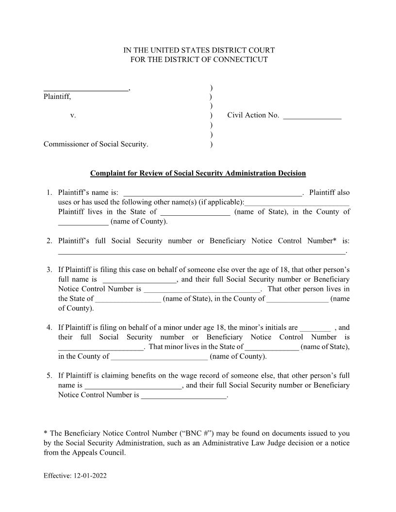 Complaint For Review Of Social Security Administration Decision | Pdf Fpdf Docx | Connecticut