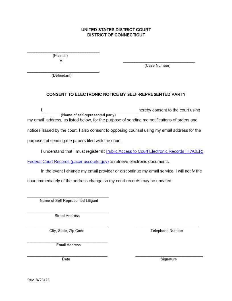 Consent To Electronic Notice By Pro Se Litigant | Pdf Fpdf Docx | Connecticut
