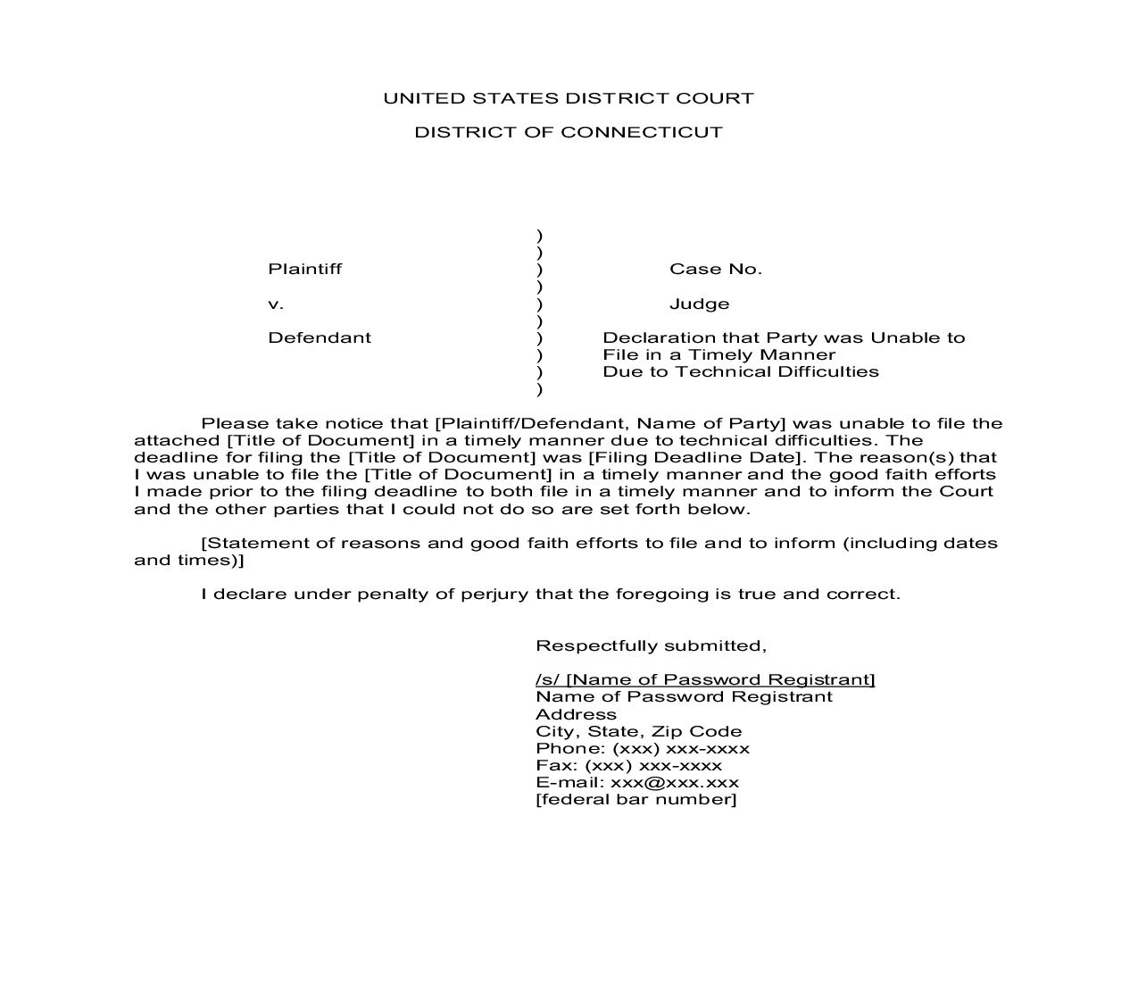 Declaration That Party Was Unable To File In Timely Manner  (CM-ECF) | Pdf Fpdf Doc Docx | Connecticut