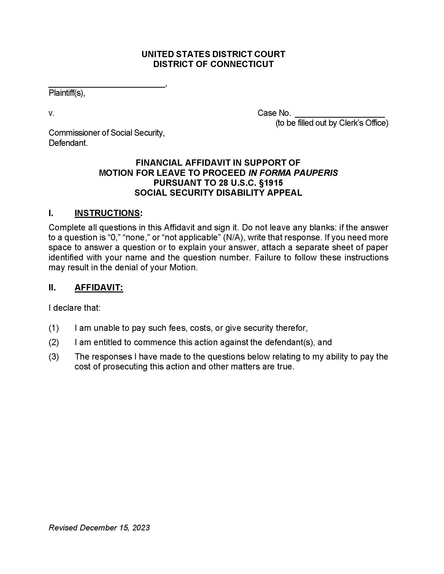 Financial Affidavit In Support Of Motion To Proceed In Forma Pauperis (Social Security Appeal) | Pdf Fpdf Docx | Connecticut