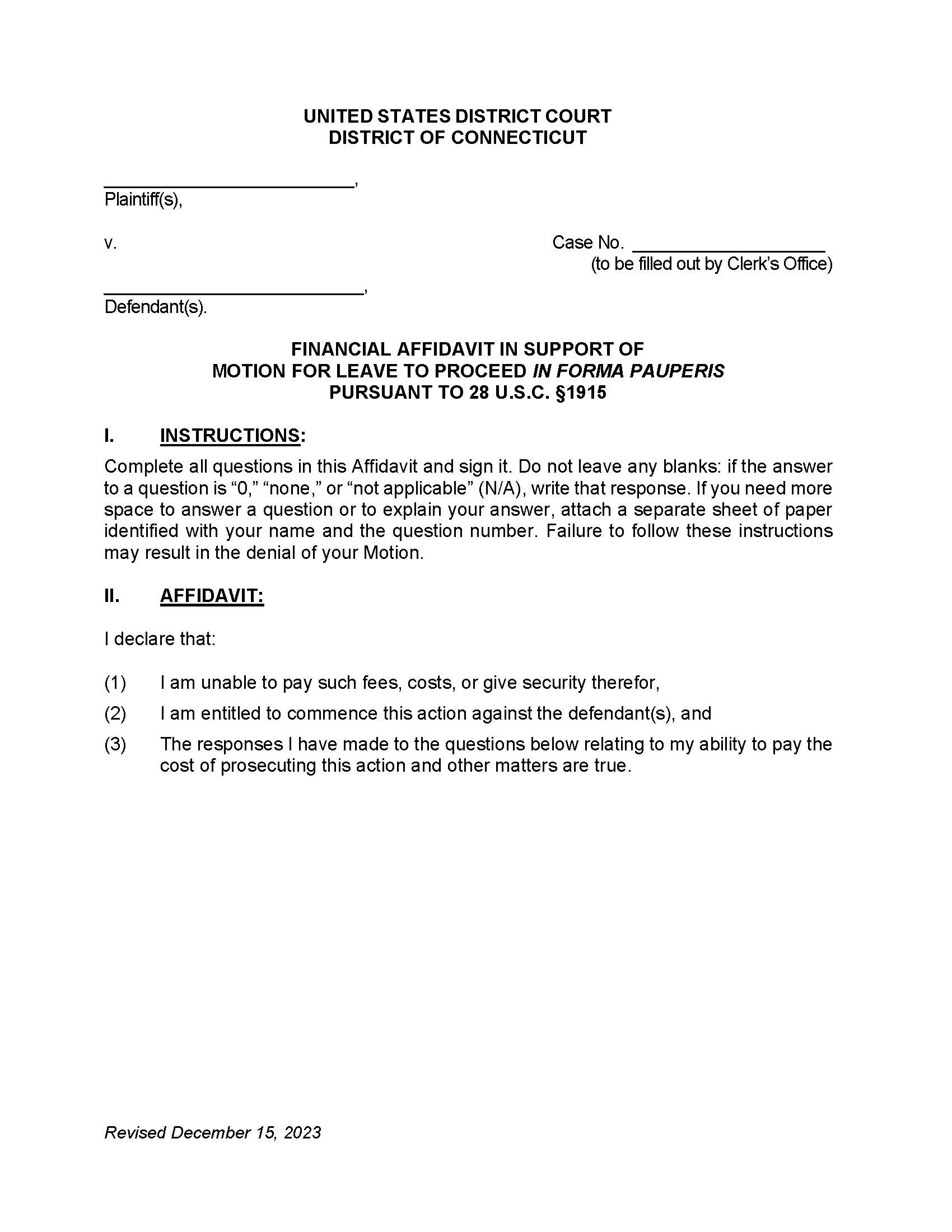 Financial Affidavit In Support Of Motion To Proceed In Forma Pauperis | Pdf Fpdf Docx | Connecticut