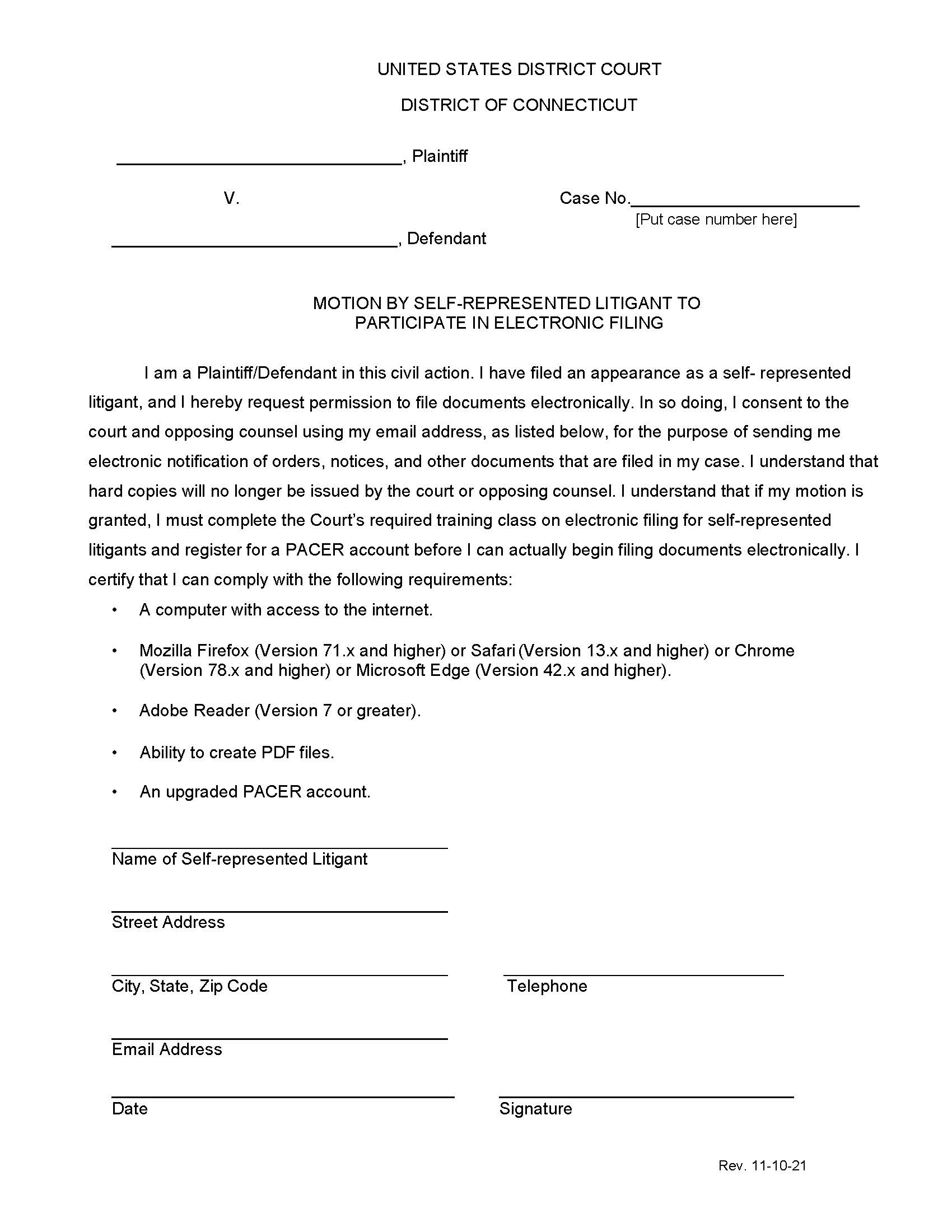 Motion By Self Represented Litigant To Participate In Electronic Filing | Pdf Fpdf Docx | Connecticut