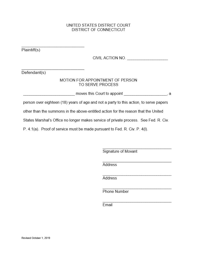 Motion For Appointment Of Person To Serve Process | Pdf Fpdf Doc Docx | Connecticut