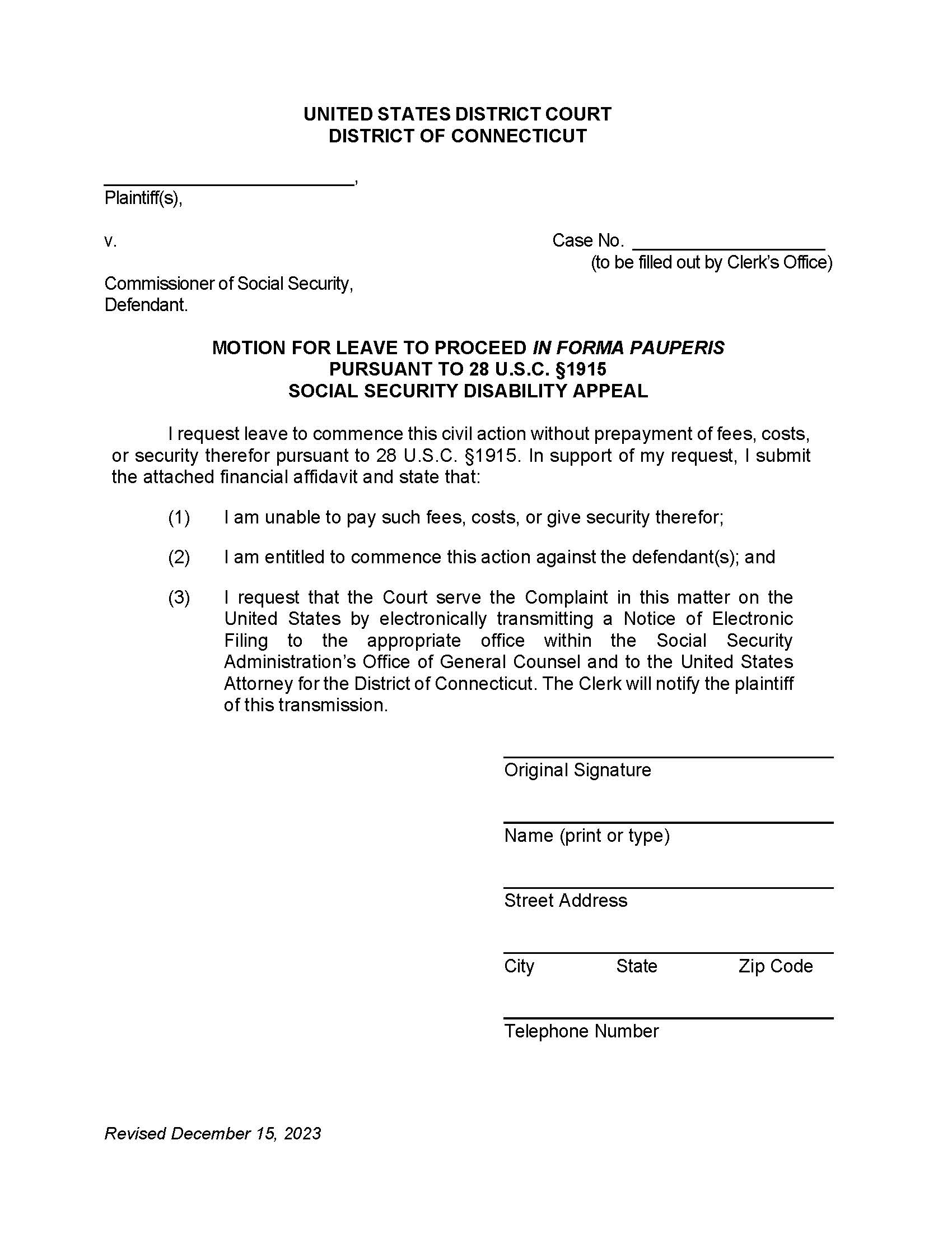 Motion For Leave To Proceed In Forma Pauperis (Social Security Appeal) | Pdf Fpdf Docx | Connecticut