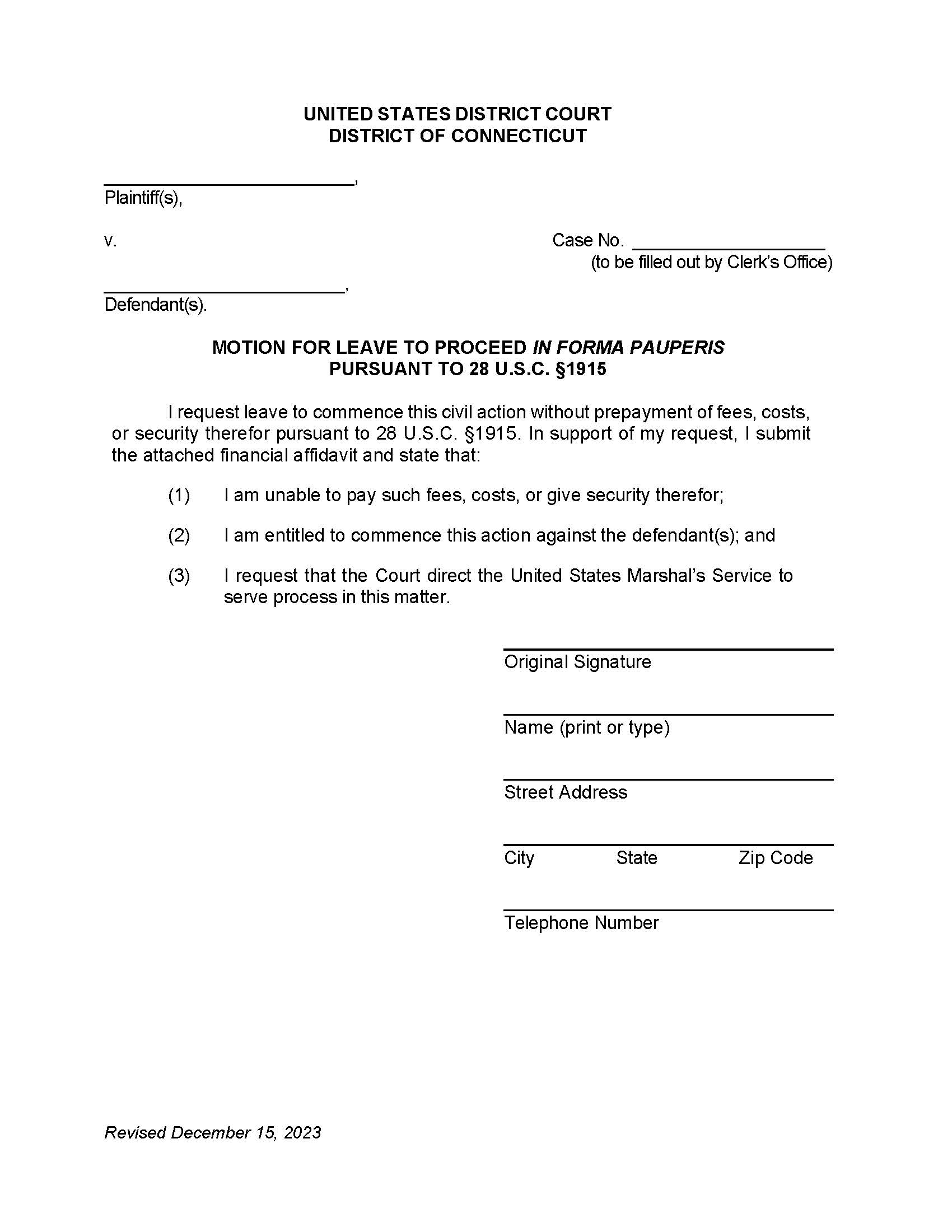 Motion For Leave To Proceed In Forma Pauperis | Pdf Fpdf Docx | Connecticut