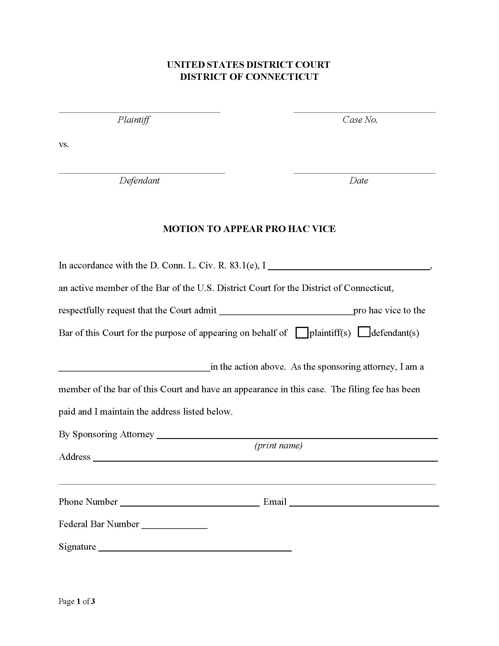 Motion To Appear Pro Hac Vice | Pdf Fpdf Docx | Connecticut