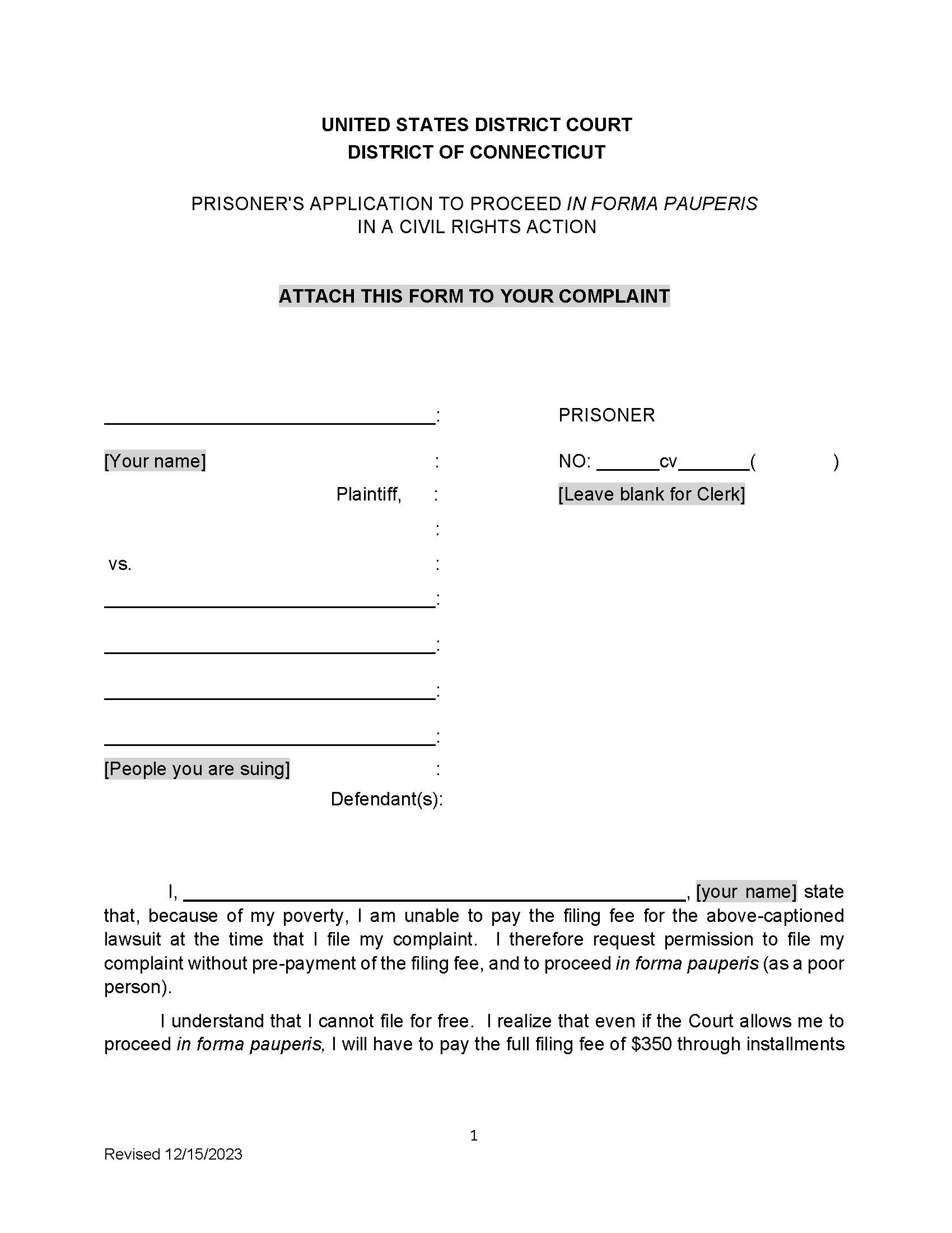 Prisoners Application To Proceed In Forma Pauperis (Civil Rights Action) | Pdf Fpdf Docx | Connecticut