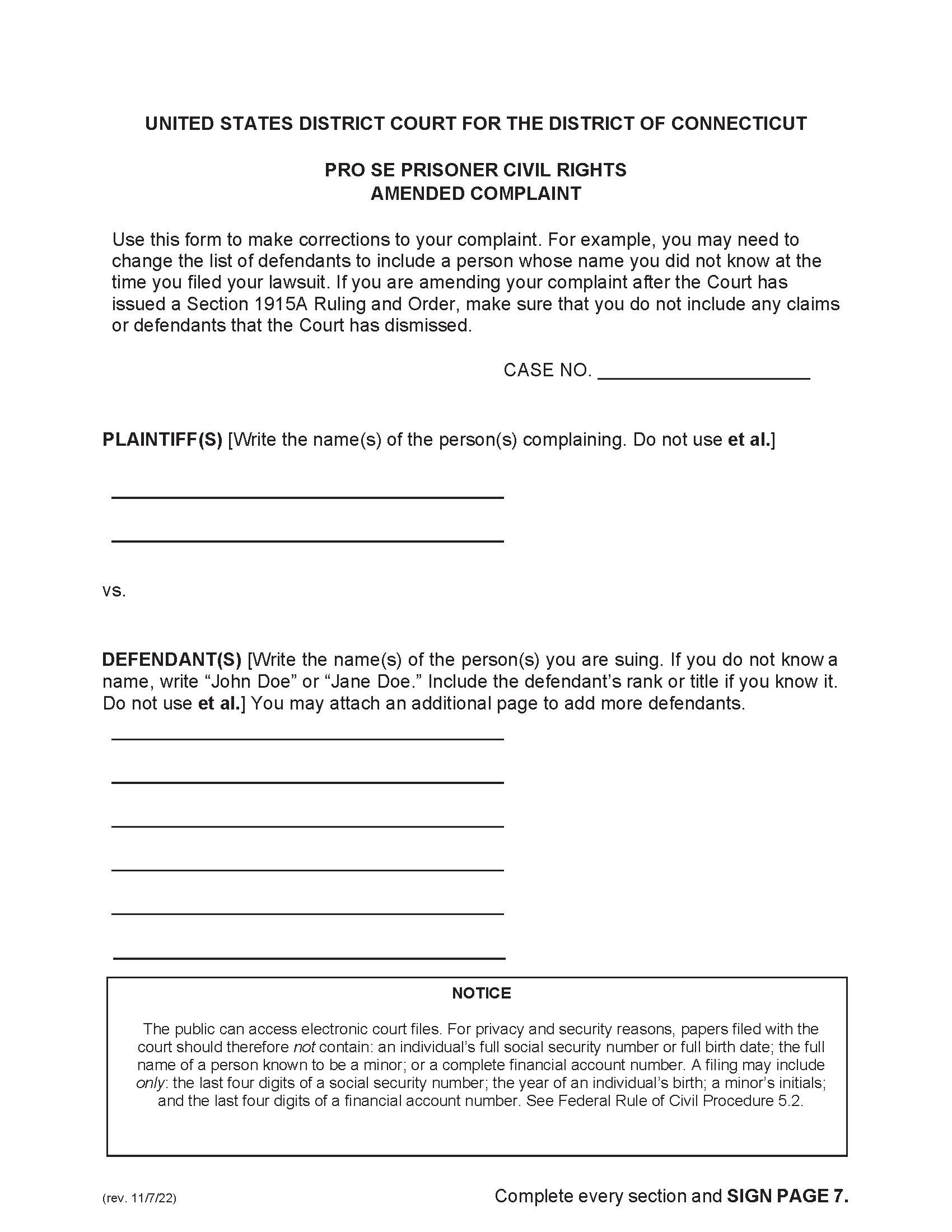 Pro Se Prisoner Civil RIghts Amended Complaint | Pdf Fpdf Docx | Connecticut