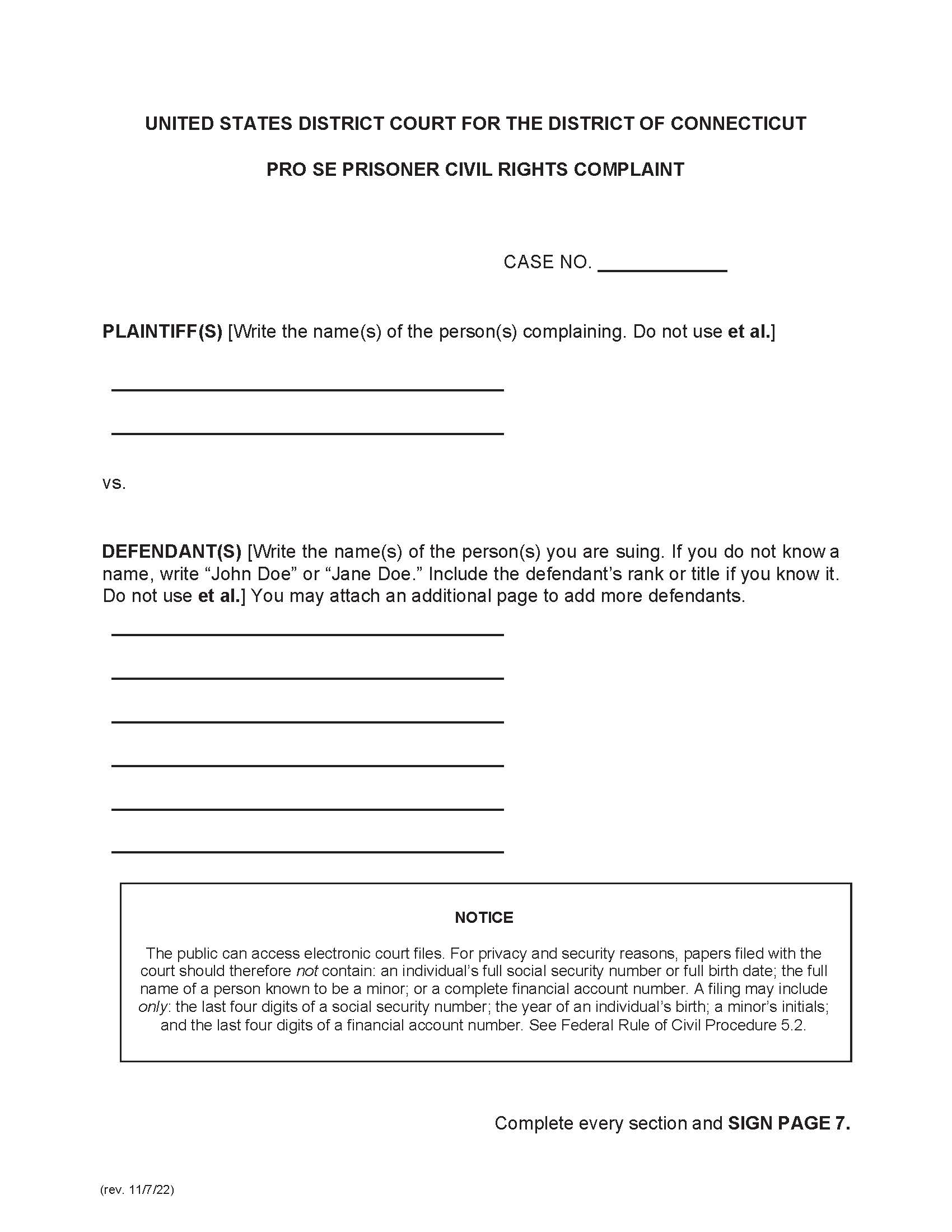 Pro Se Prisoner Civil Rights Complaint | Pdf Fpdf Docx | Connecticut